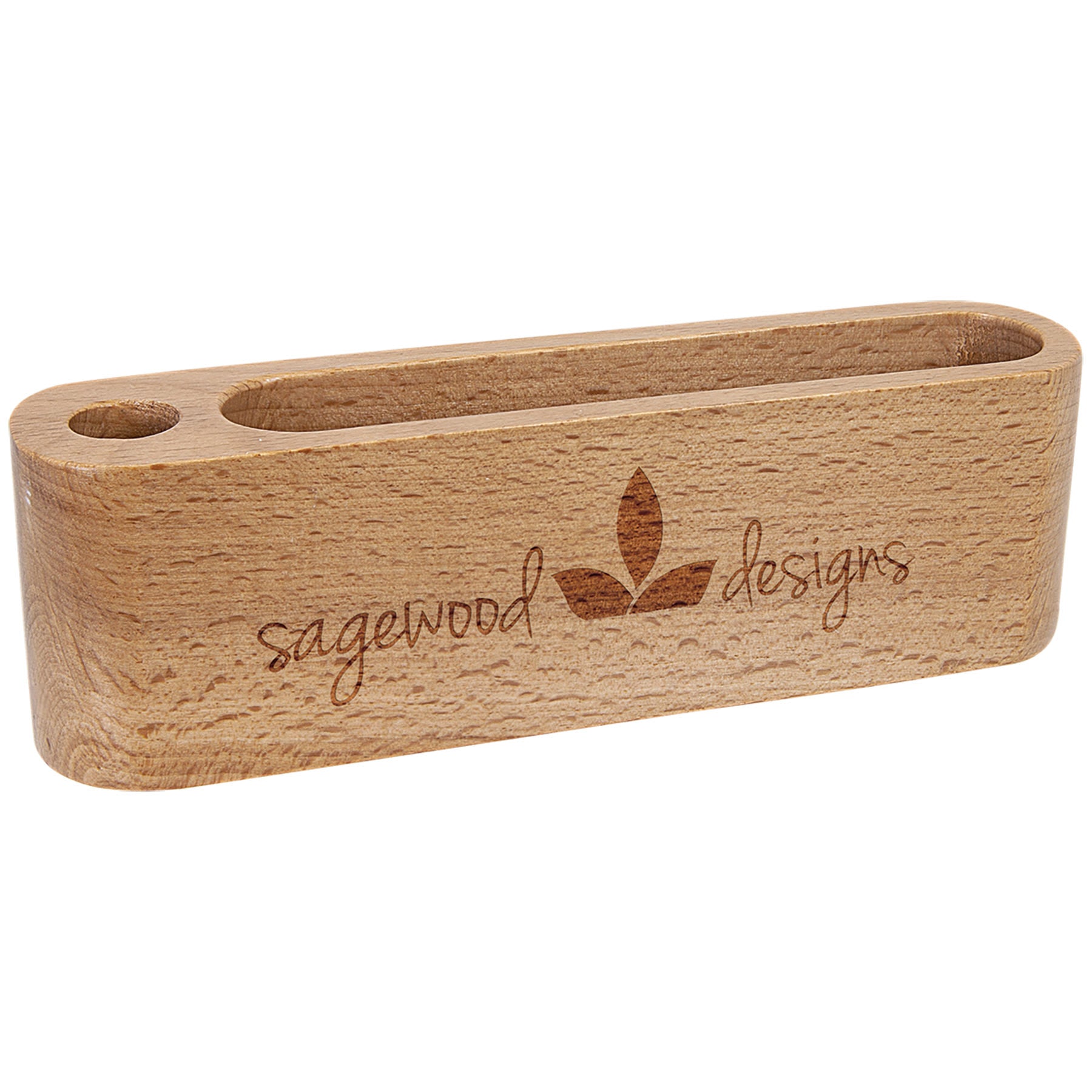 5.25" Beech Wood Business Card and Pen Holder