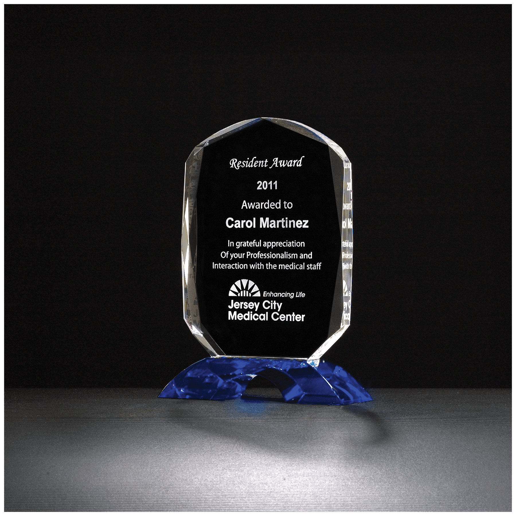 Diamond Clear Crystal Award w/Cobalt Blue Crystal Base