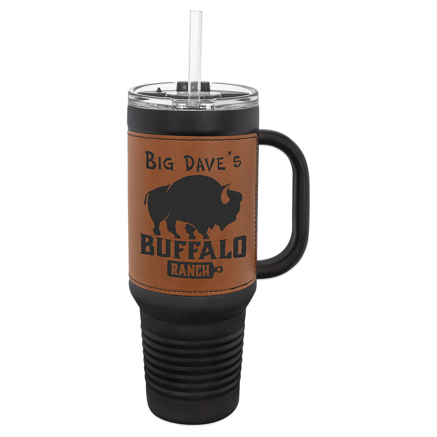 PC 40 oz. Black w/Rawhide Laserable Leatherette Travel Mug