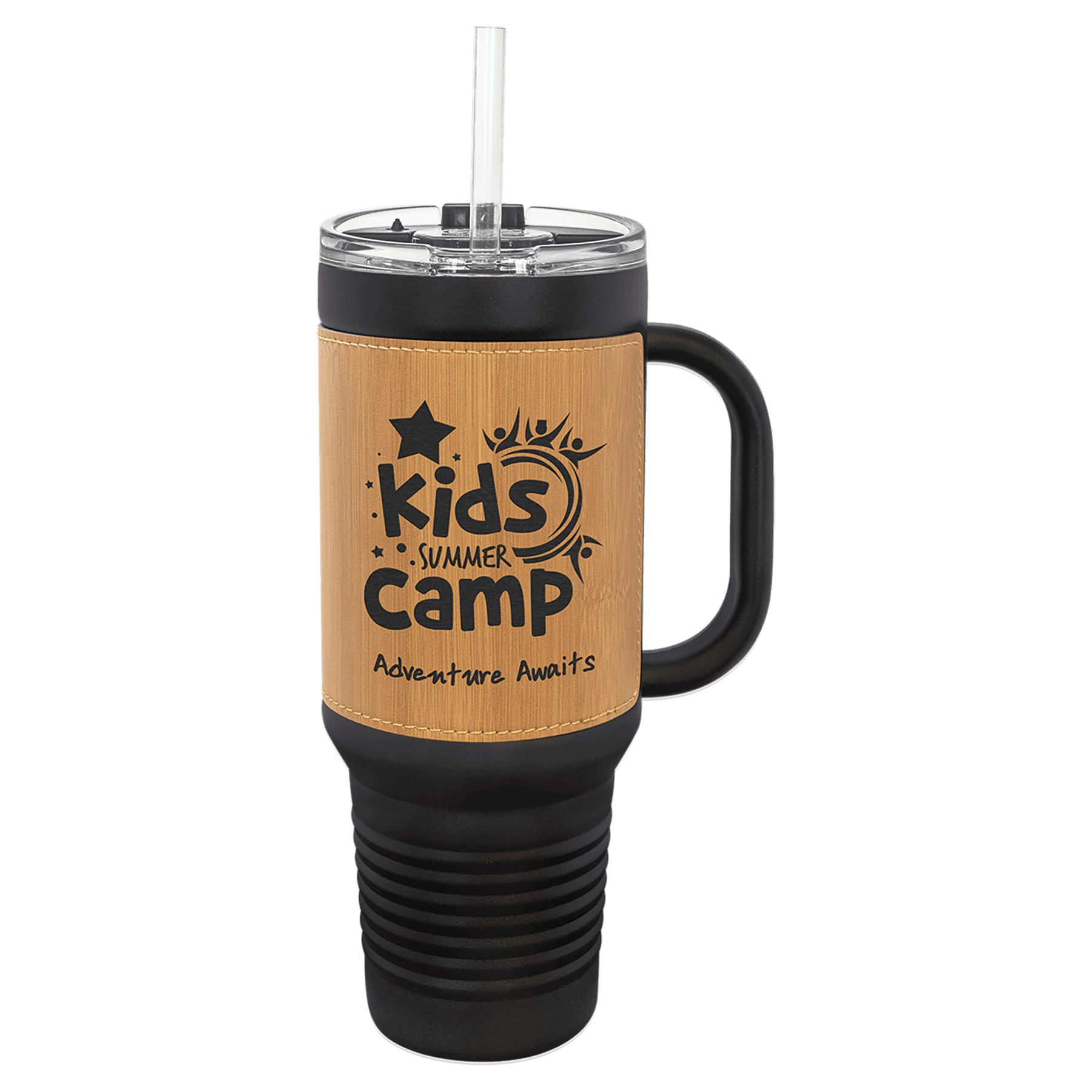 PC 40 oz. Black w/Bamboo Laserable Leatherette Travel Mug