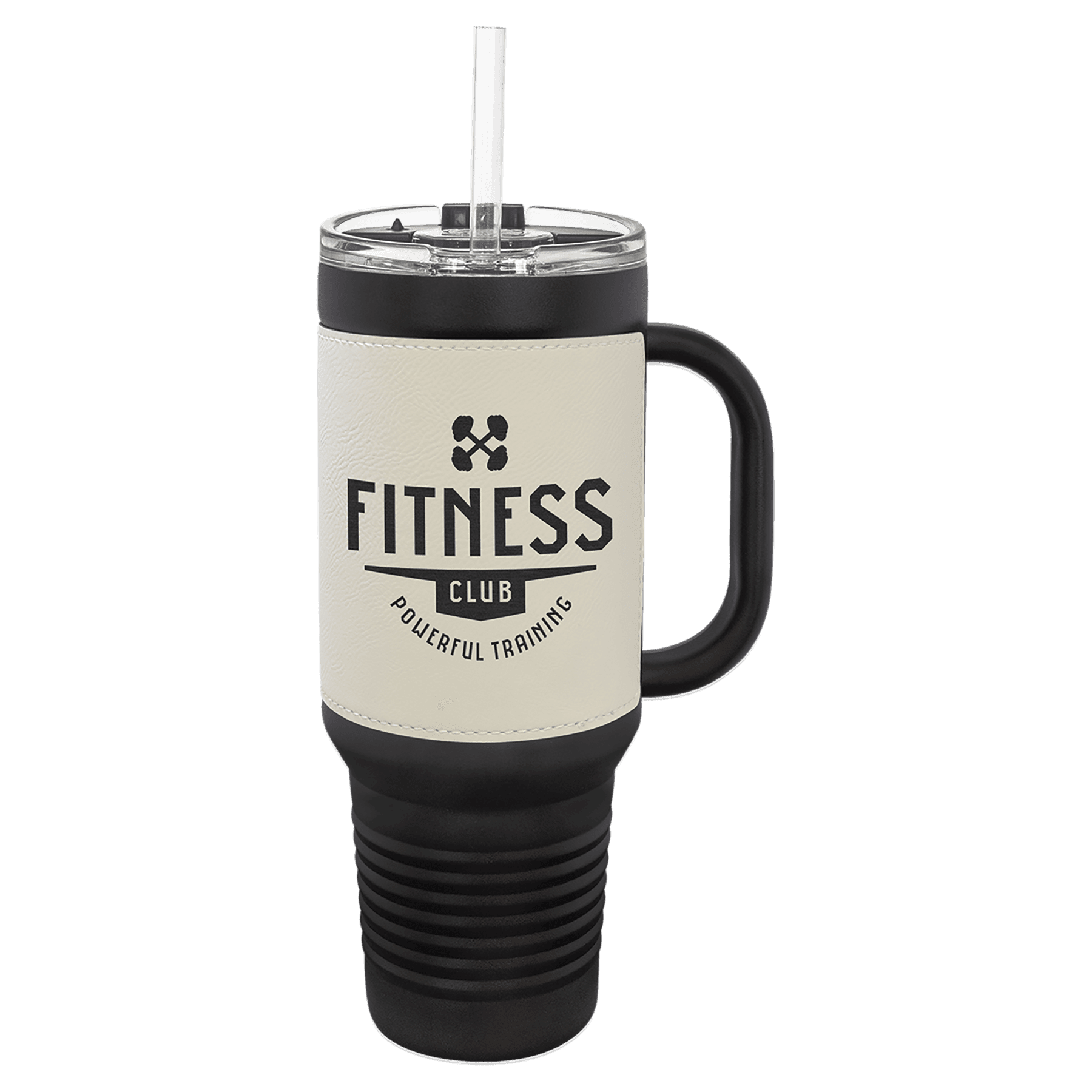 PC 40 oz. Black w/White Laserable Leatherette Travel Mug