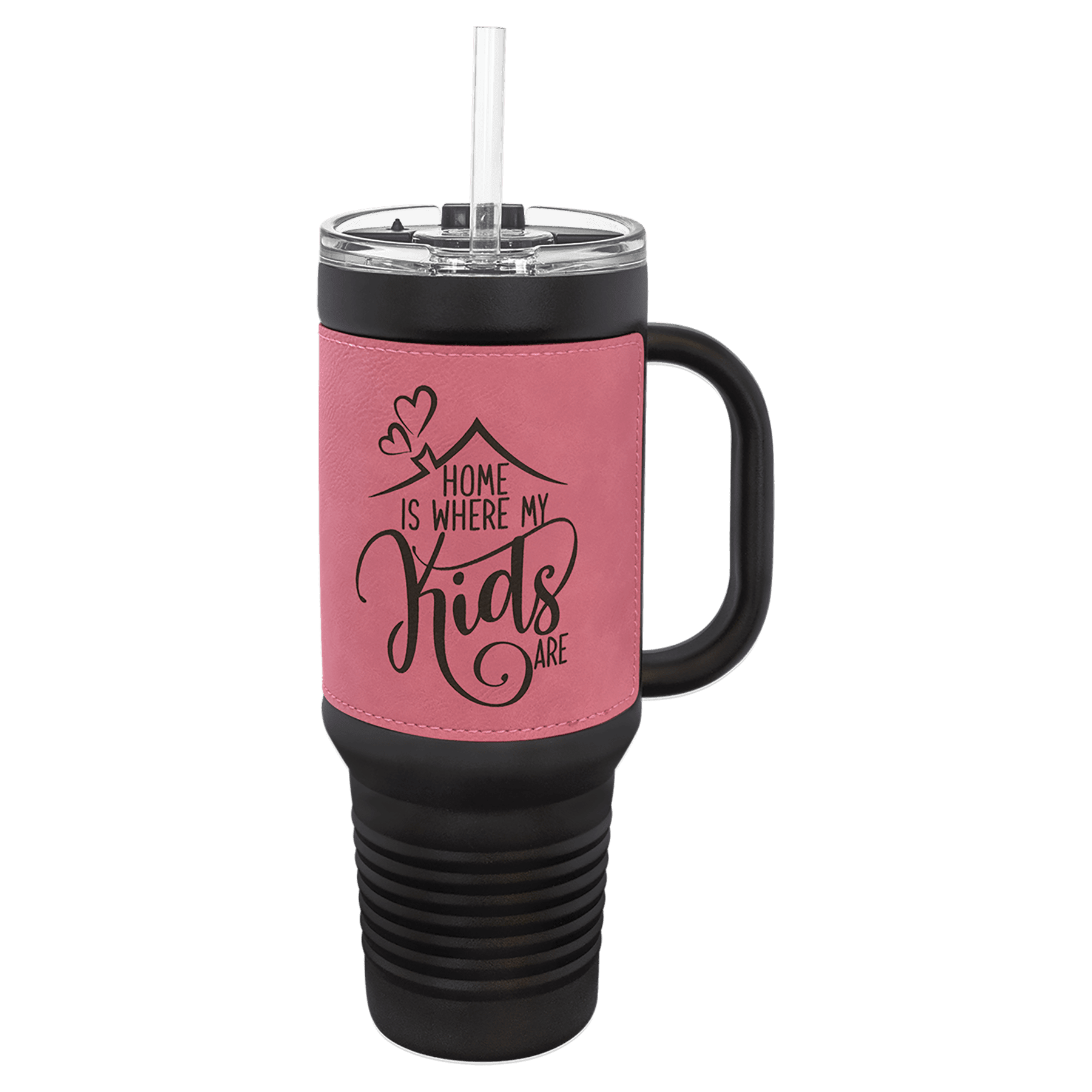 PC 40 oz. Black w/Pink Laserable Leatherette Travel Mug