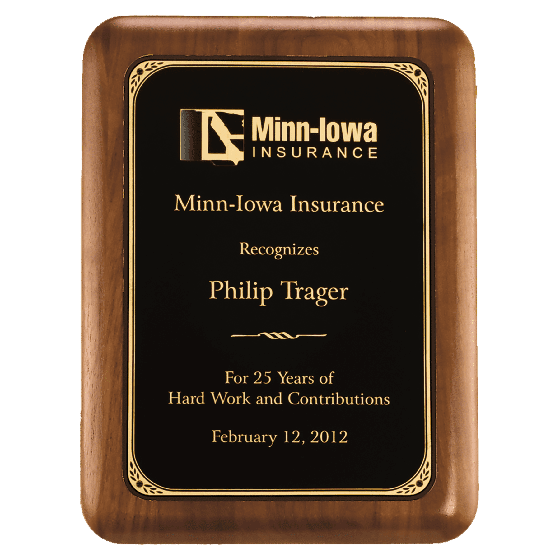 American Walnut Plaque w/Gold Border Lasererable Black Plate
