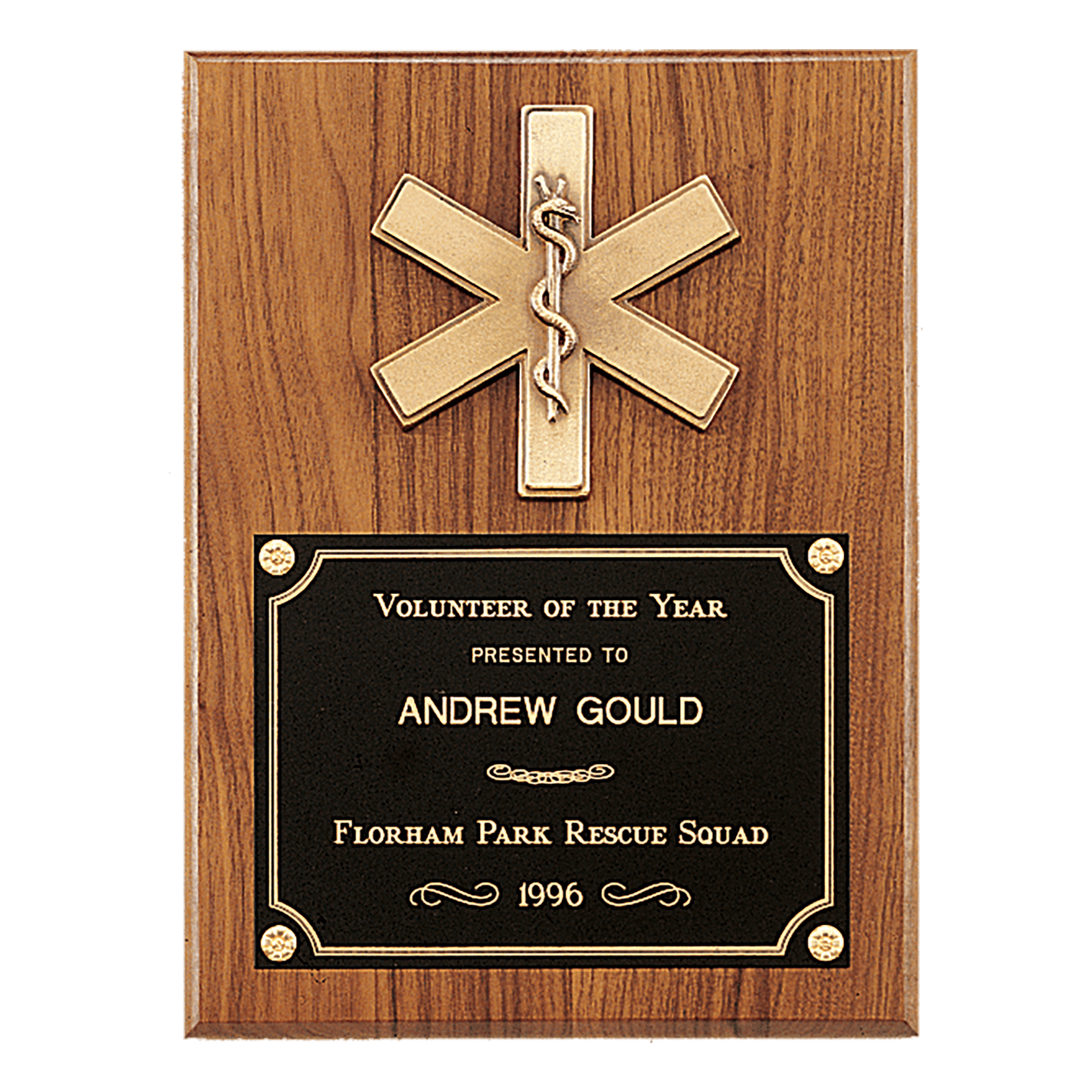 Walnut Plaque w/Gold EMT Star of Life and Black Brass Plate