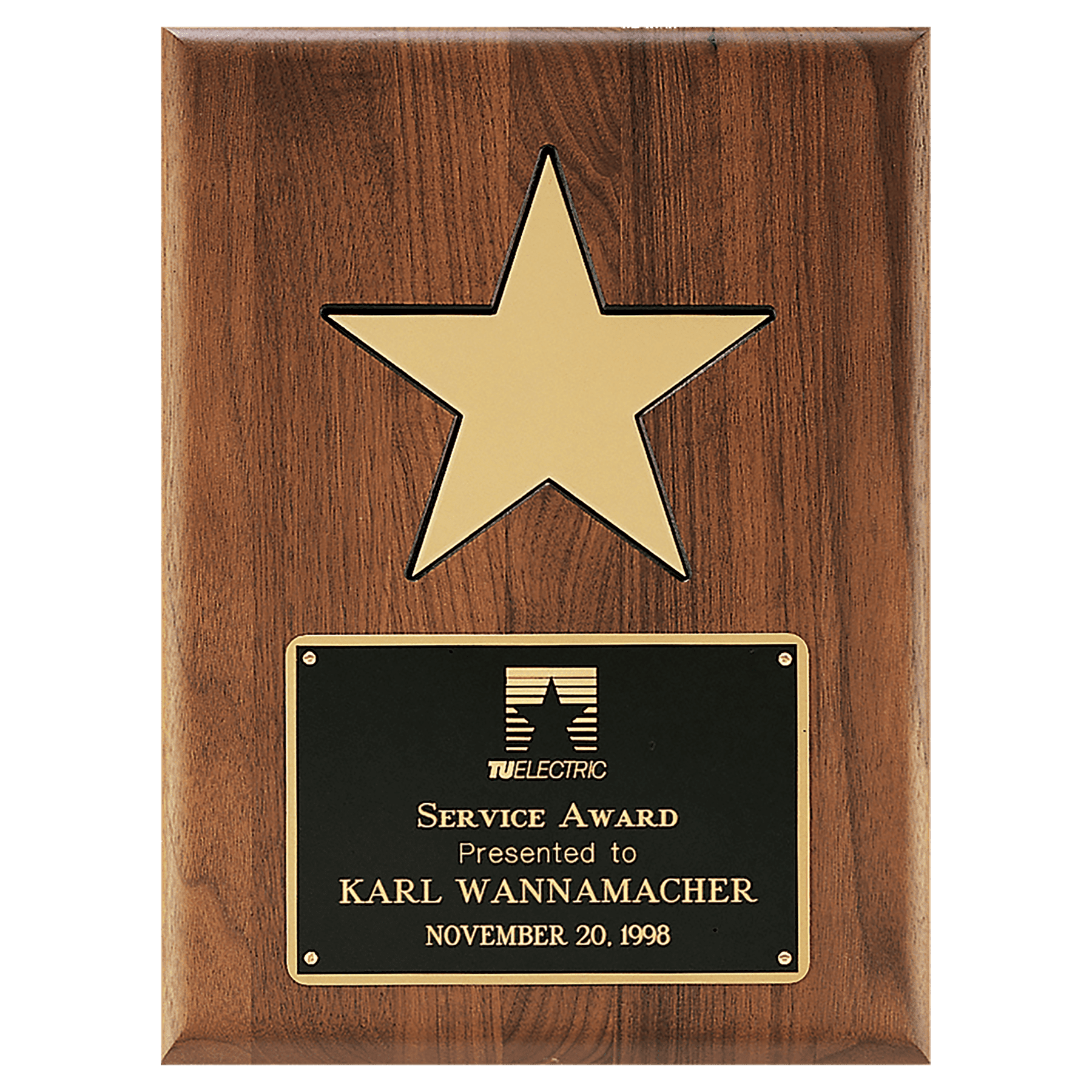 Gold Aluminum Star on a Solid Walnut Plaque w/Black Recess