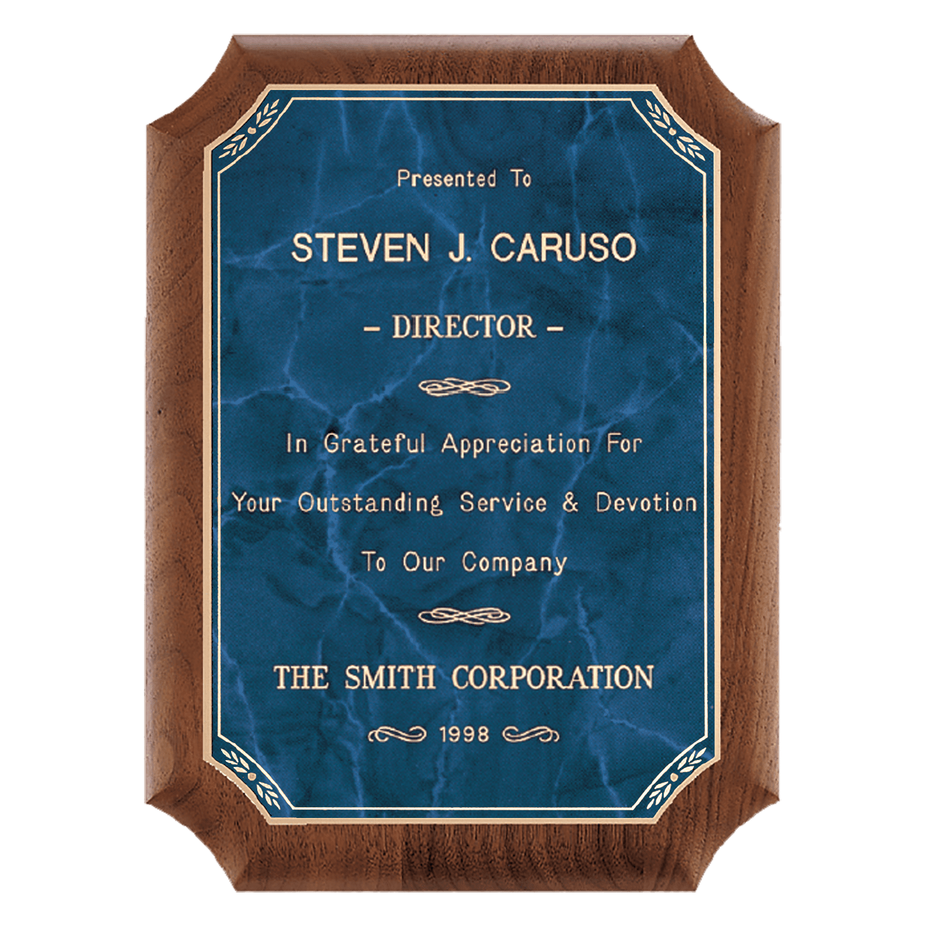 American Walnut Plaque w/Gold Border Sapphire Marble Plate