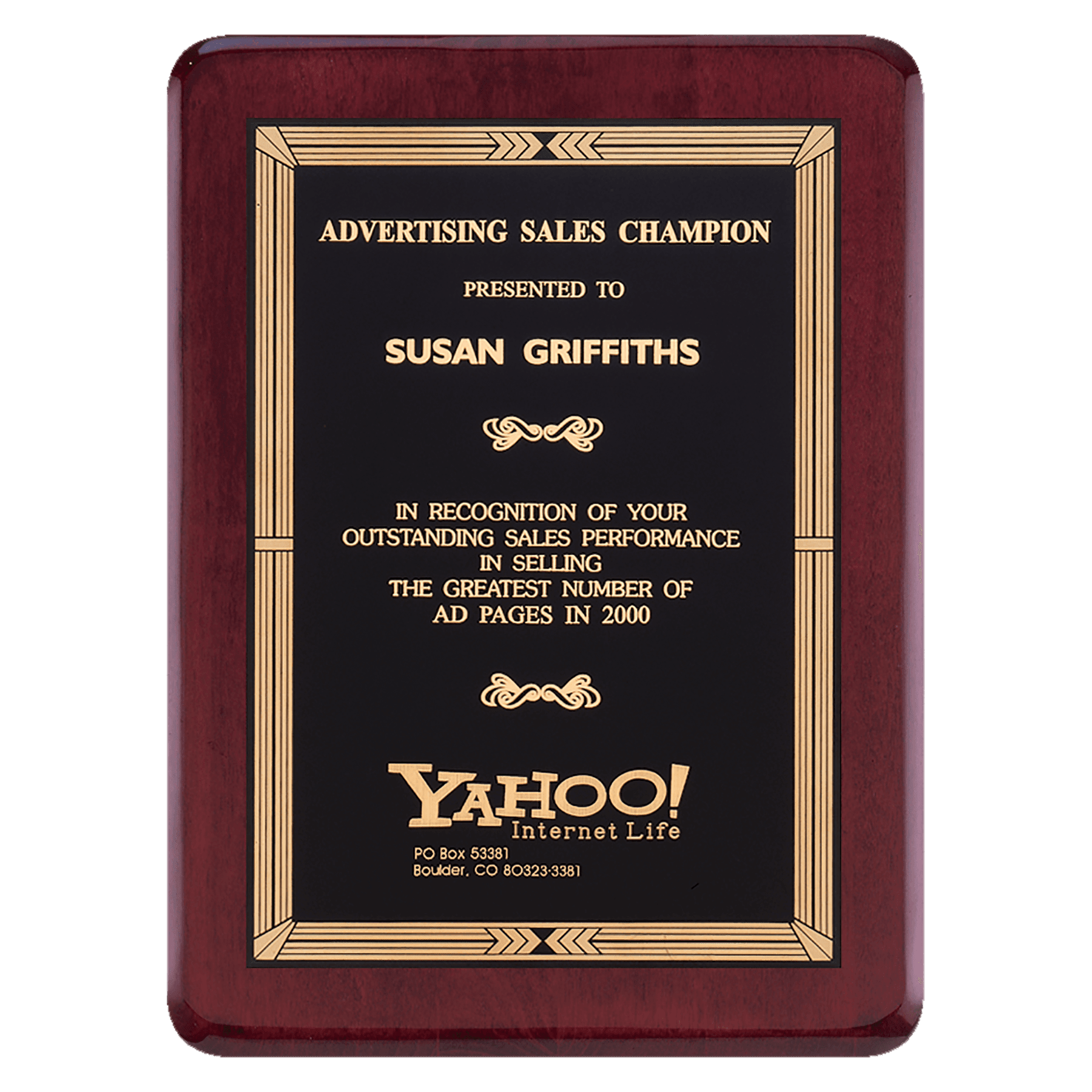 Rosewood Piano Finish Plaque w/Gold Border Black Brass Plate