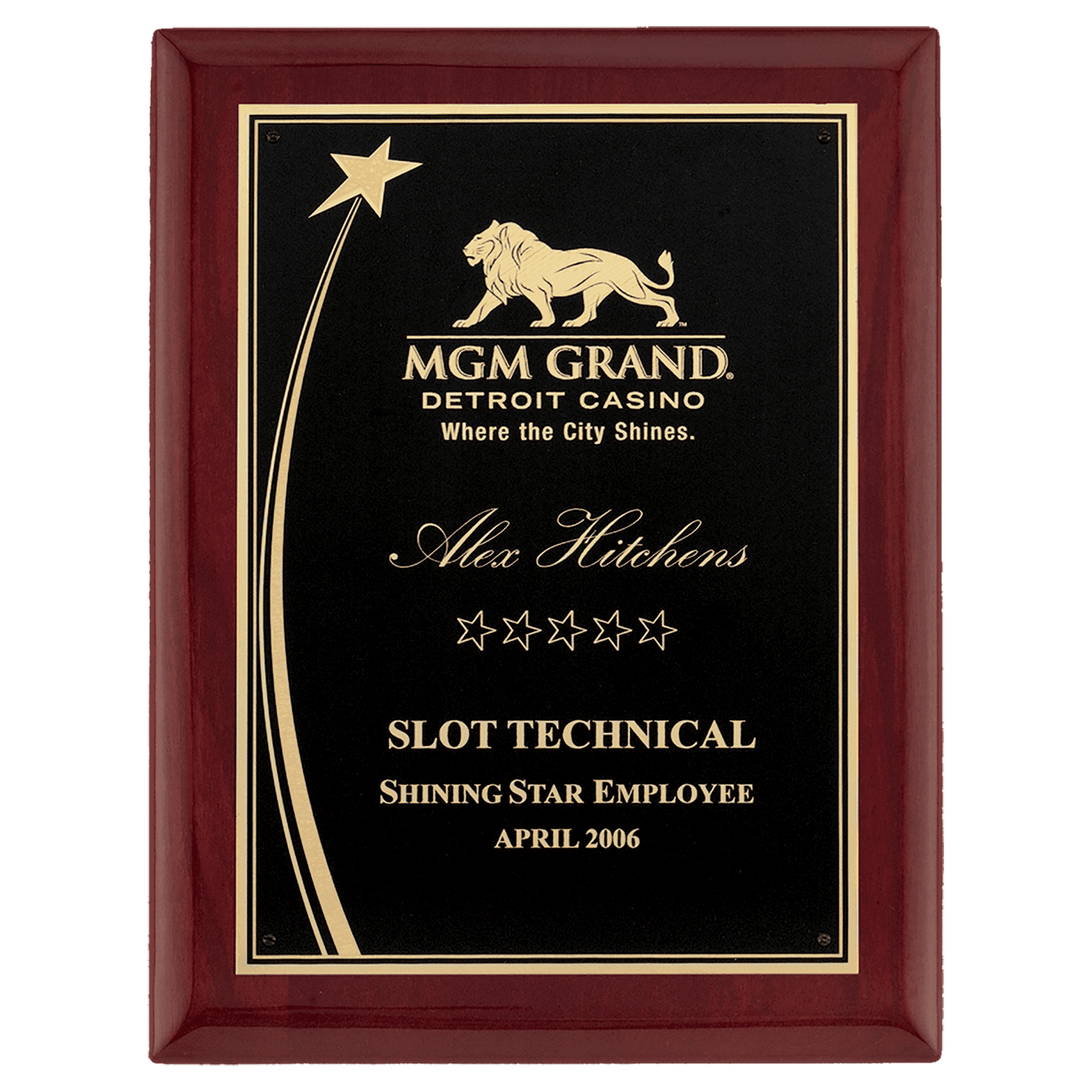 Rosewood Piano Finish Plaque w/Shooting Star Accent Plate