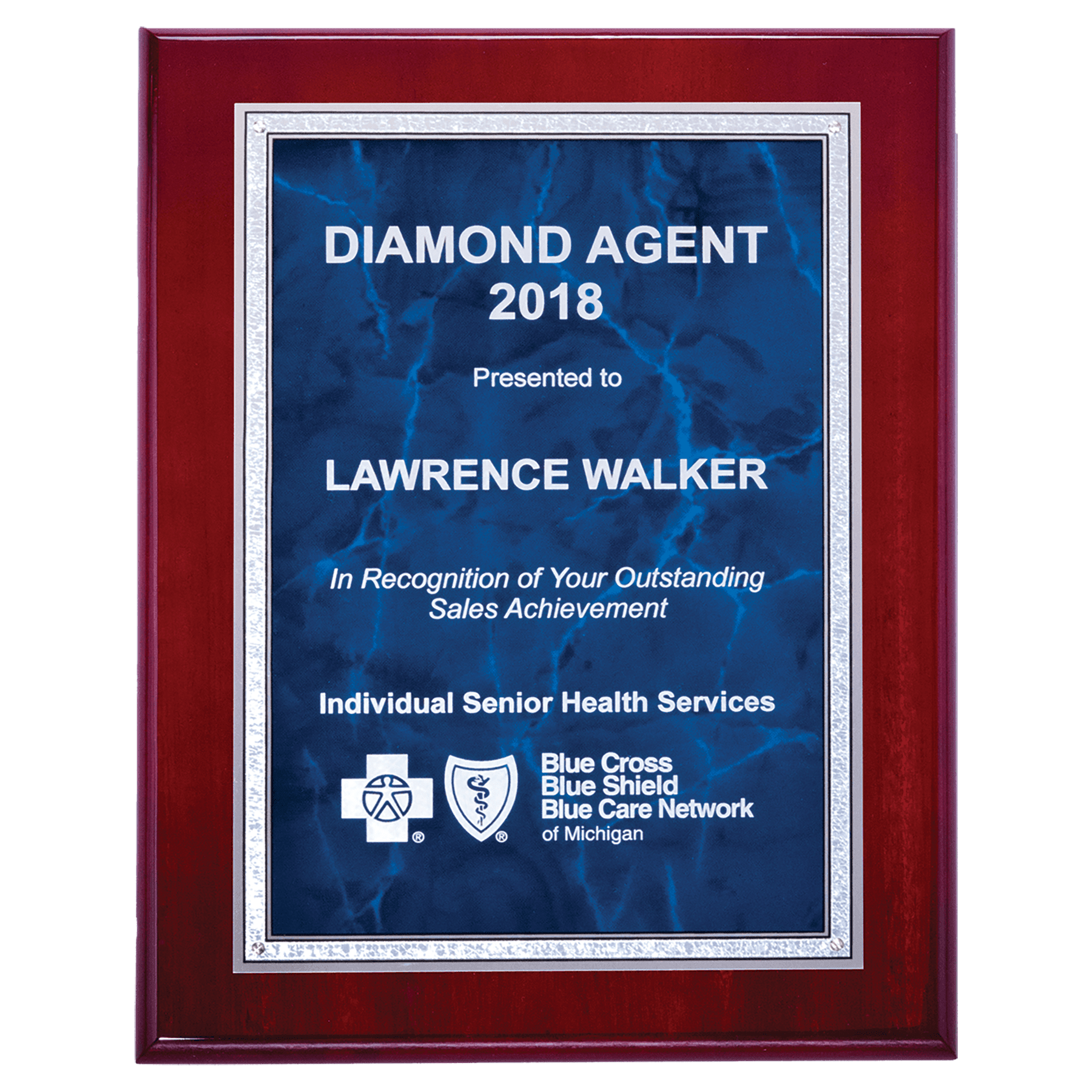 Rosewood High Lustr Plaque w/Marble/Silver Border Plate