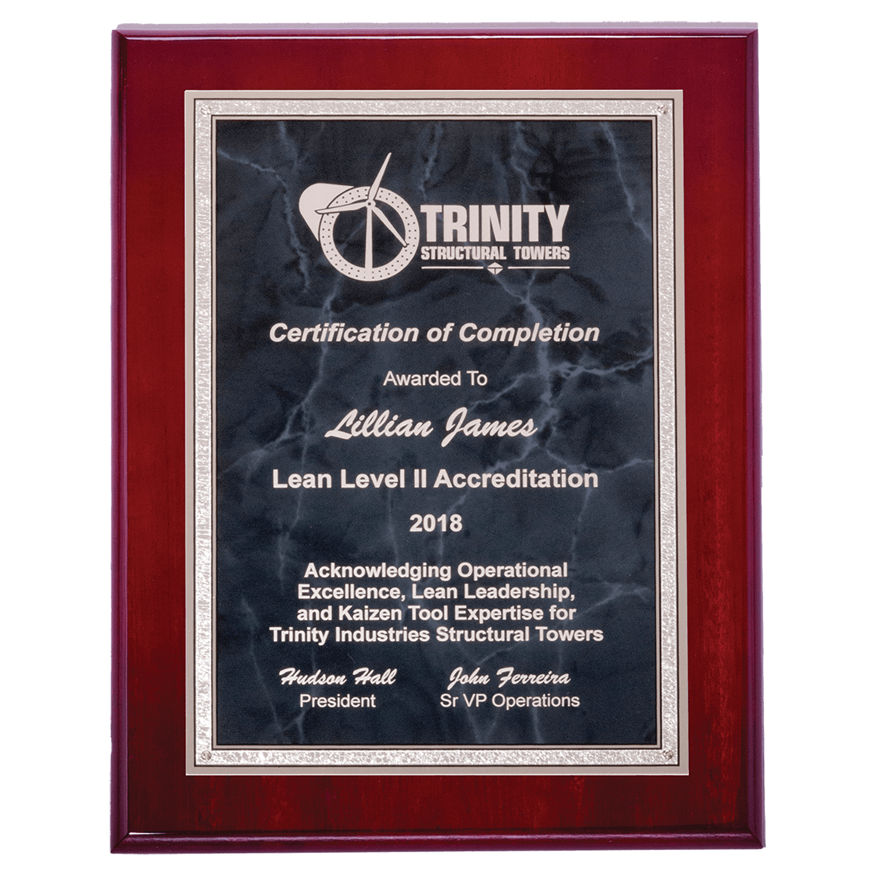 Rosewood High Lustr Plaque w/Gray Marble/Silver Border Plate