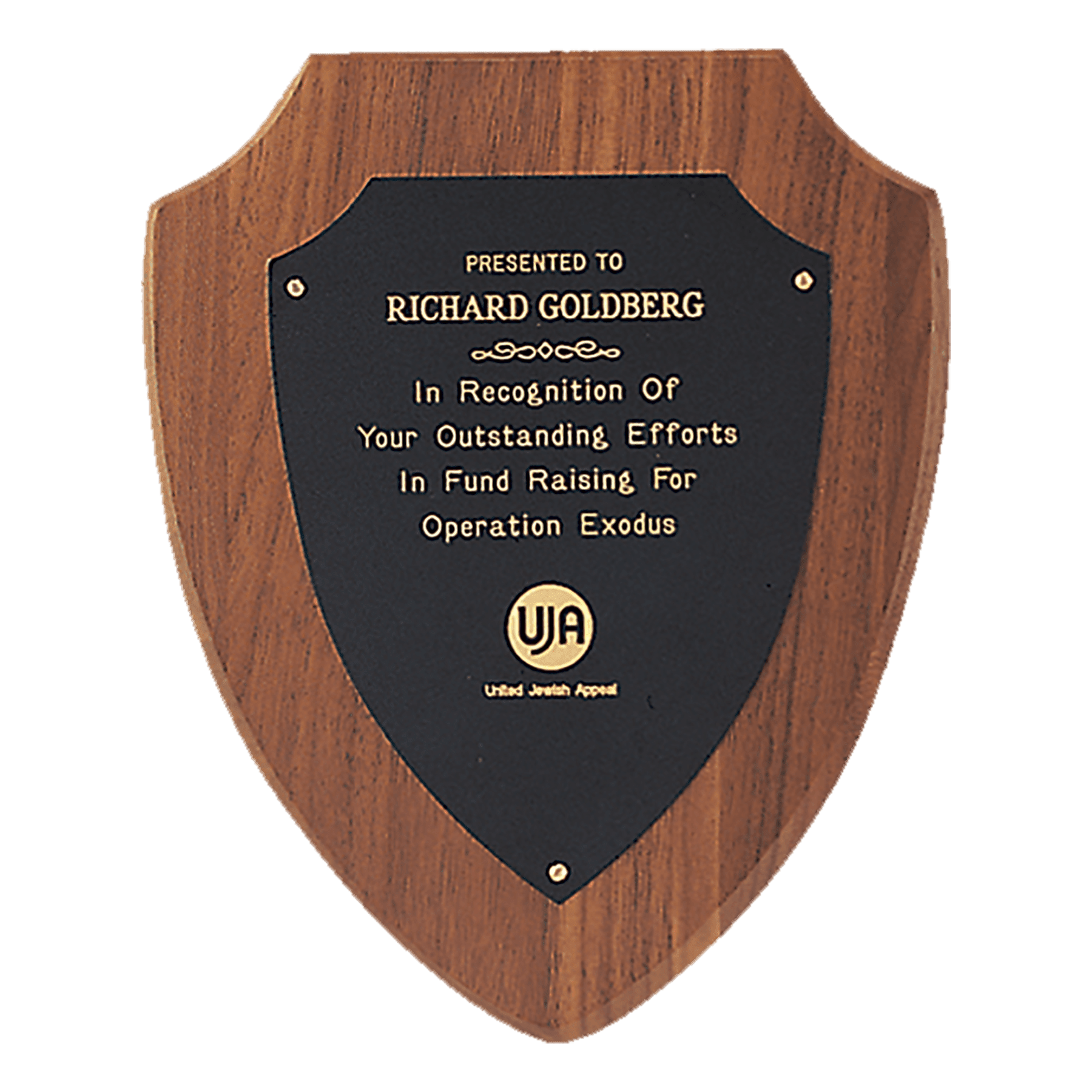 Black Gold Border Plate on American Walnut Shield Plaque