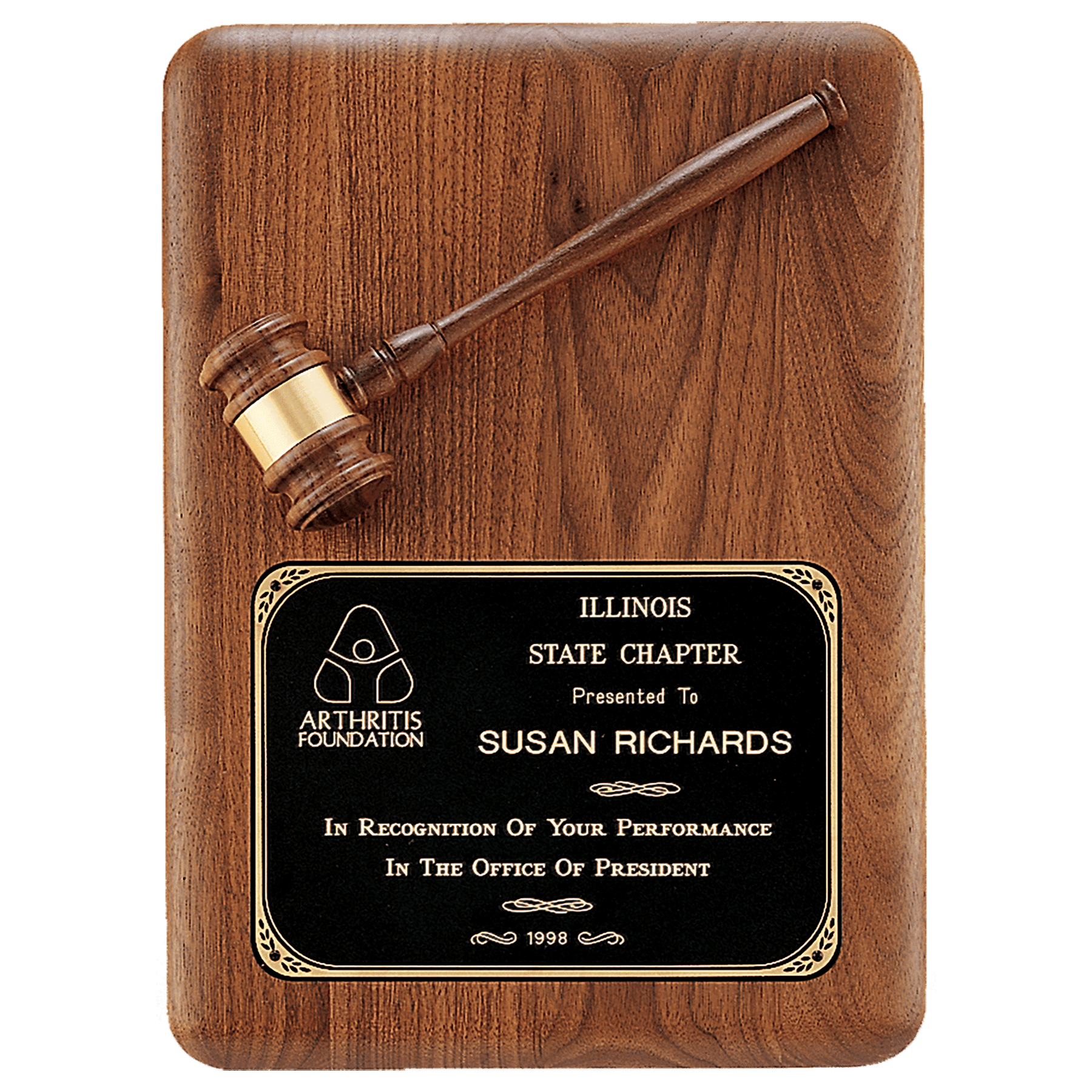 Walnut Plaque w/Gavel, Gavel Band, and Black Brass Plate