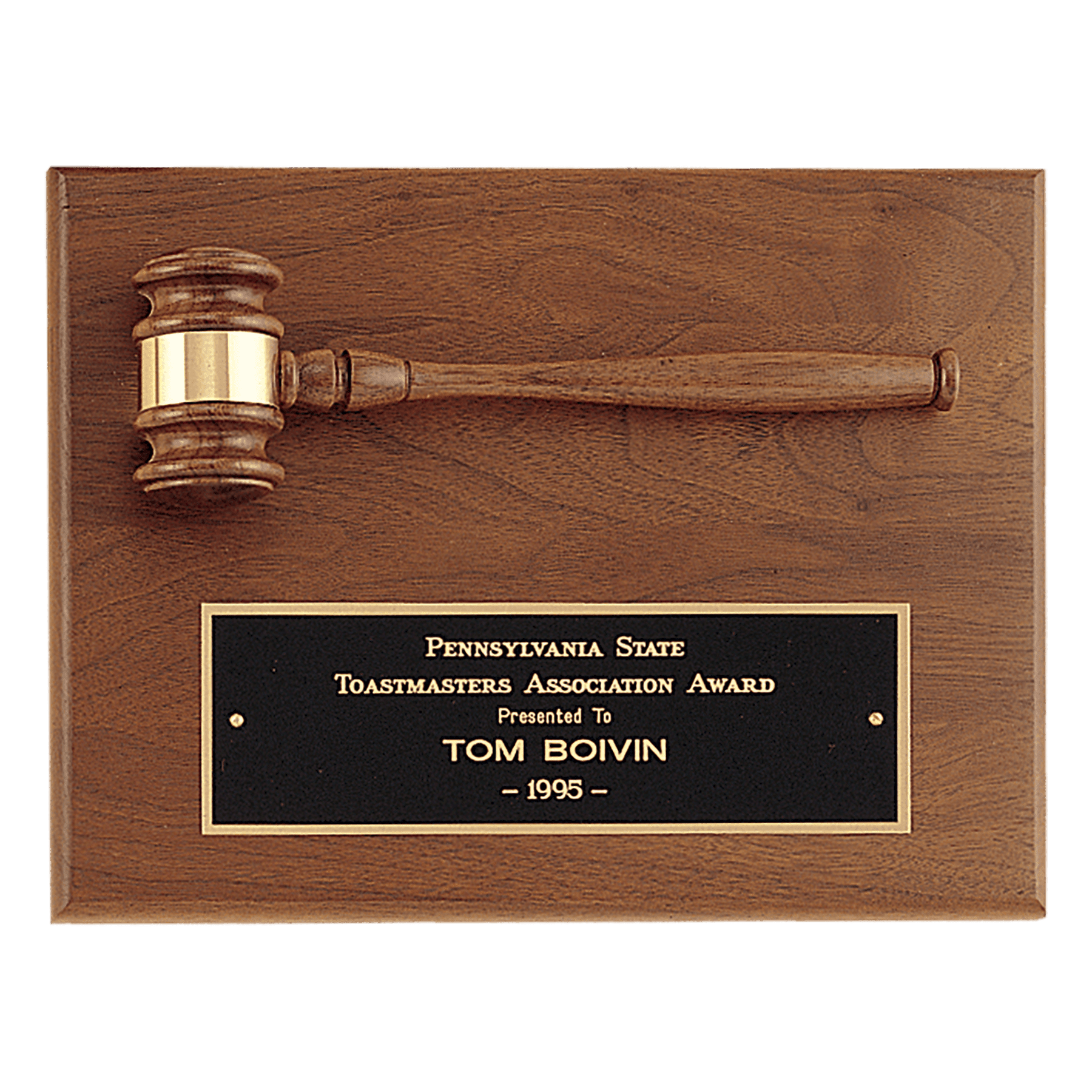 Solid Walnut Plaque w/ Gavel,Band & Black Brass Plate