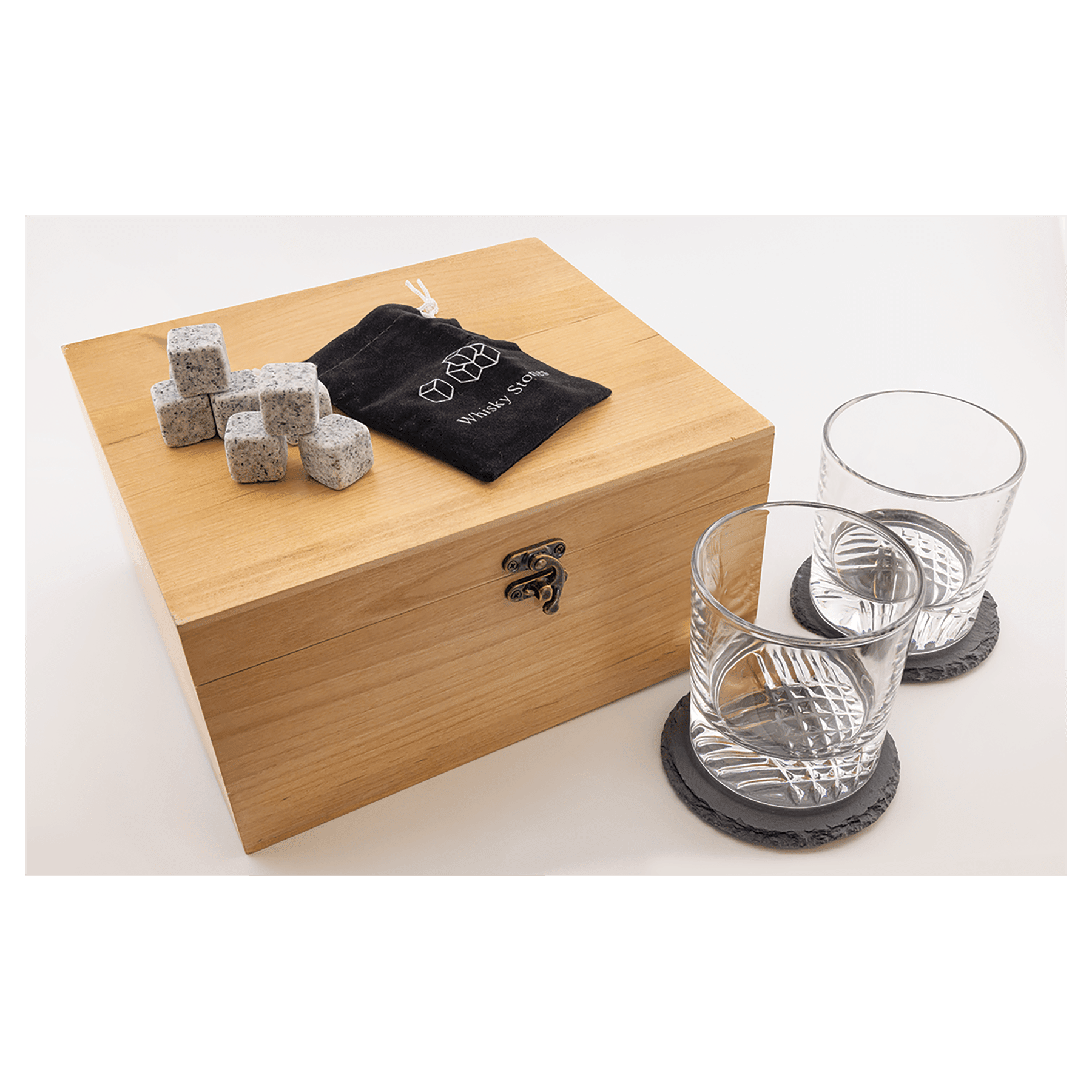 Red Alder Whiskey Set - 2 Glasses, 2 Coasters and 8 Stones