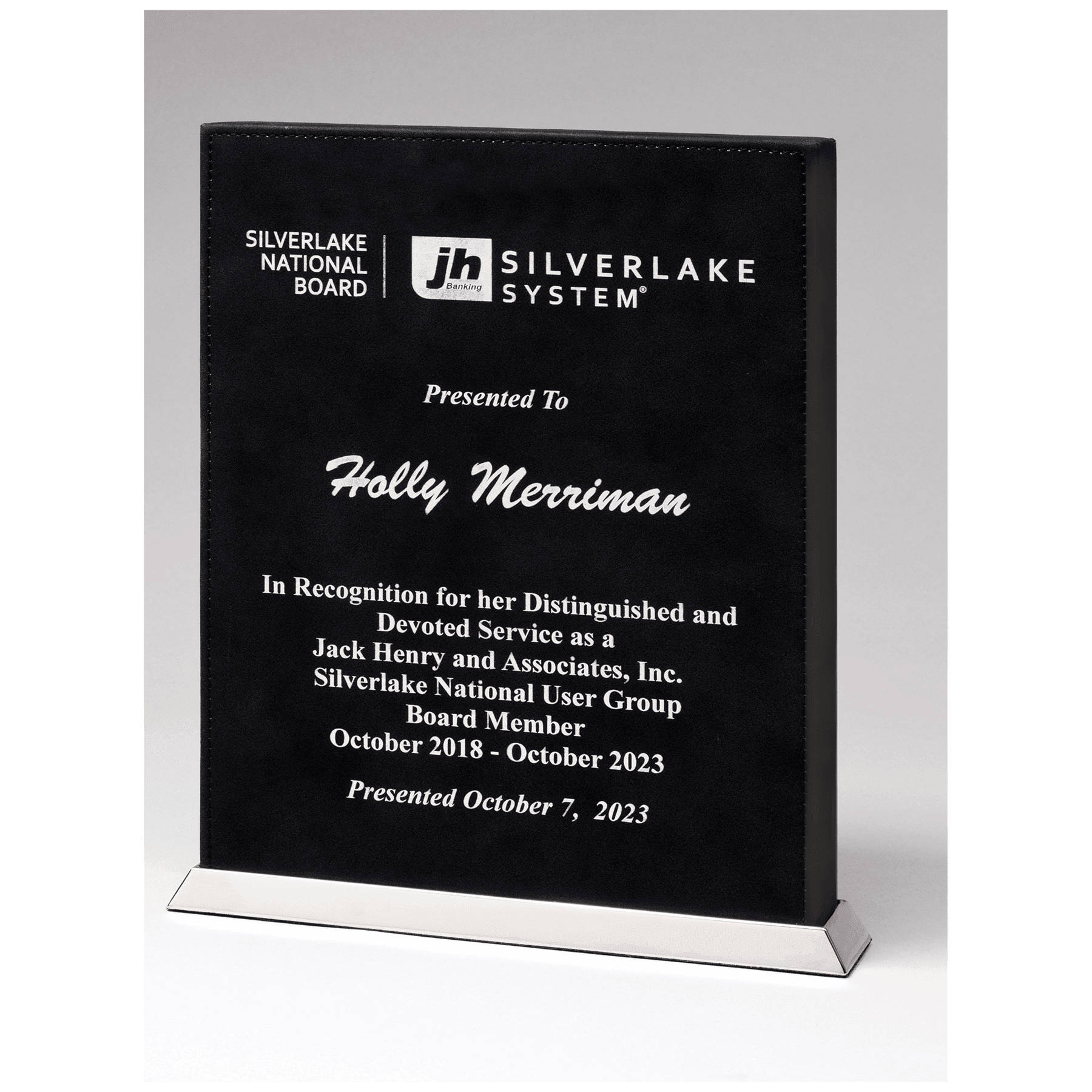 7.5" Black/Silver Leather Desk Plaque w/Chrome Plated Base