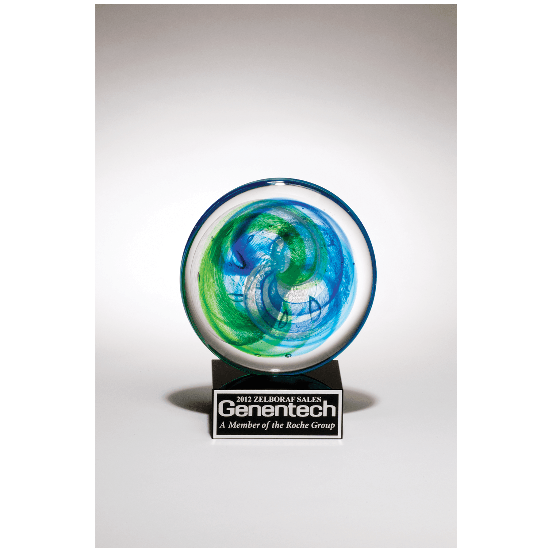 7.25" Disk Art Glass w/Blue and Green Accent on Black Base