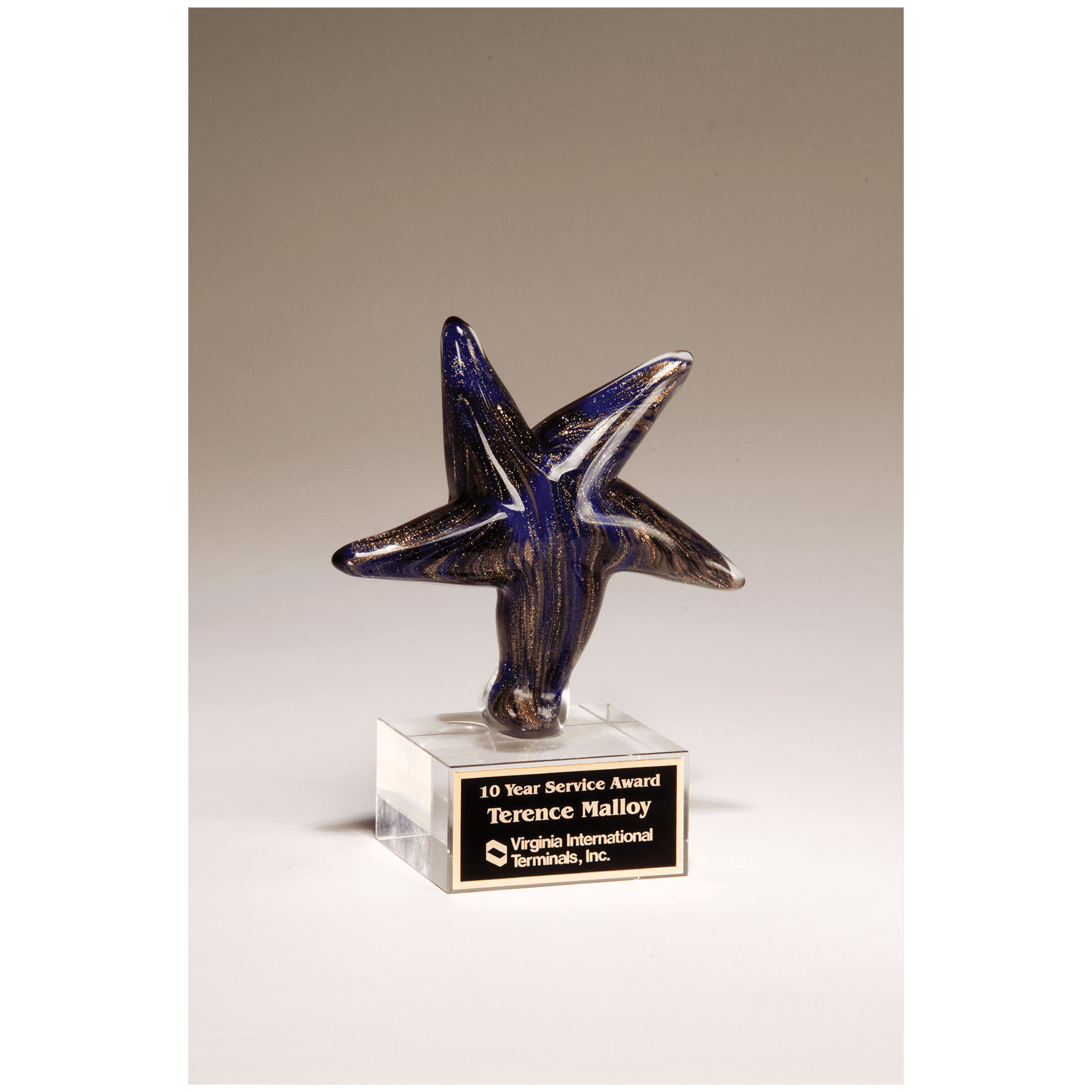 6.9" Blue Star Art Glass w/Gold Highlights on Glass Base