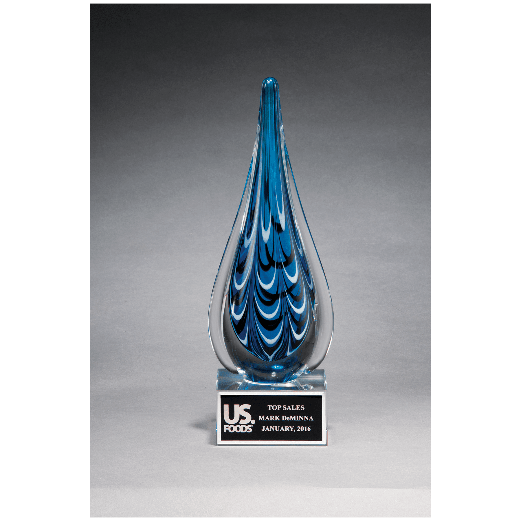 10" Blue and Black Teardrop Art Glass on Clear Glass Base