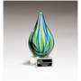 8" Blue and Green Teardrop Art Glass on Clear Glass Base