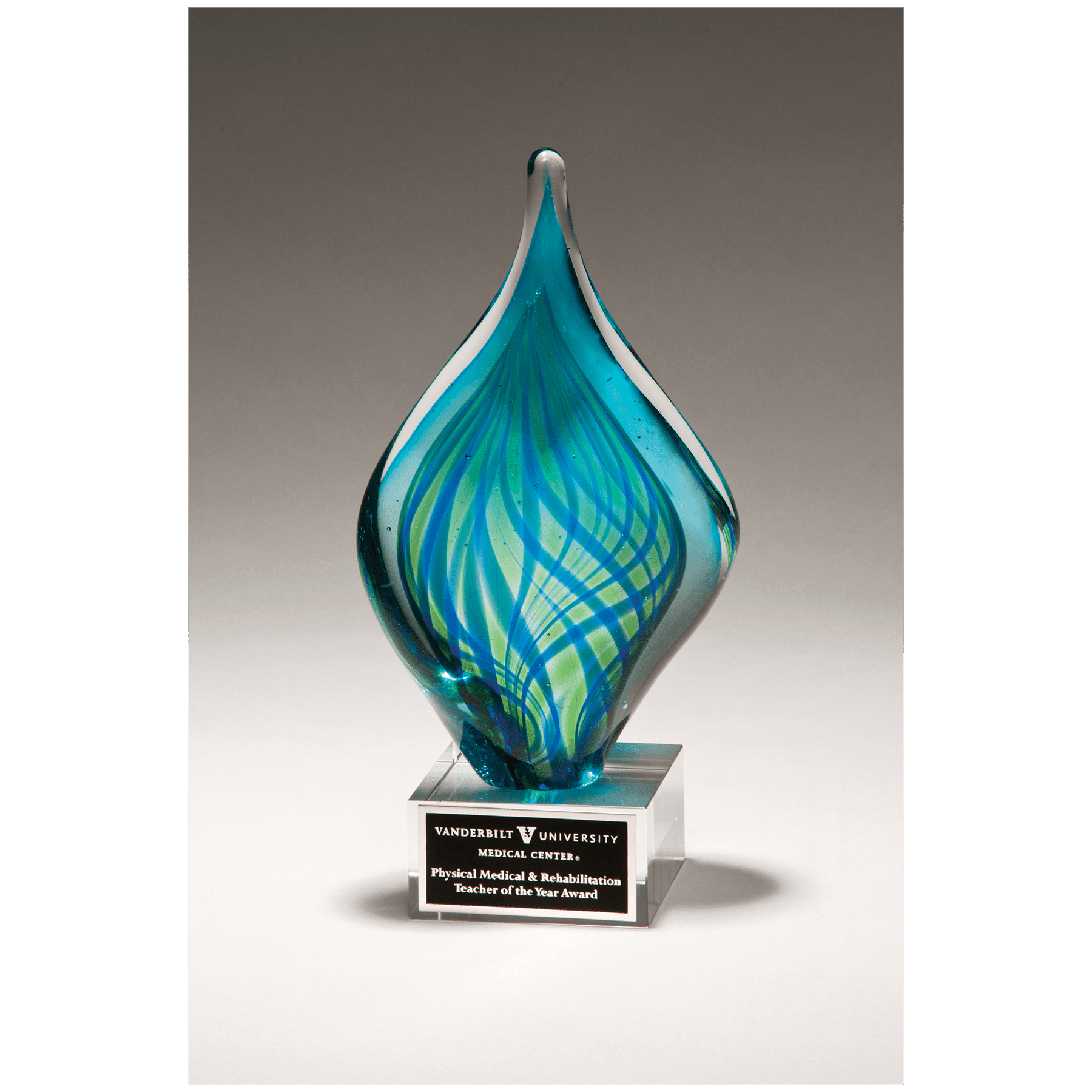 8.75" Blue and Green Twist Art Glass on Clear Glass Base