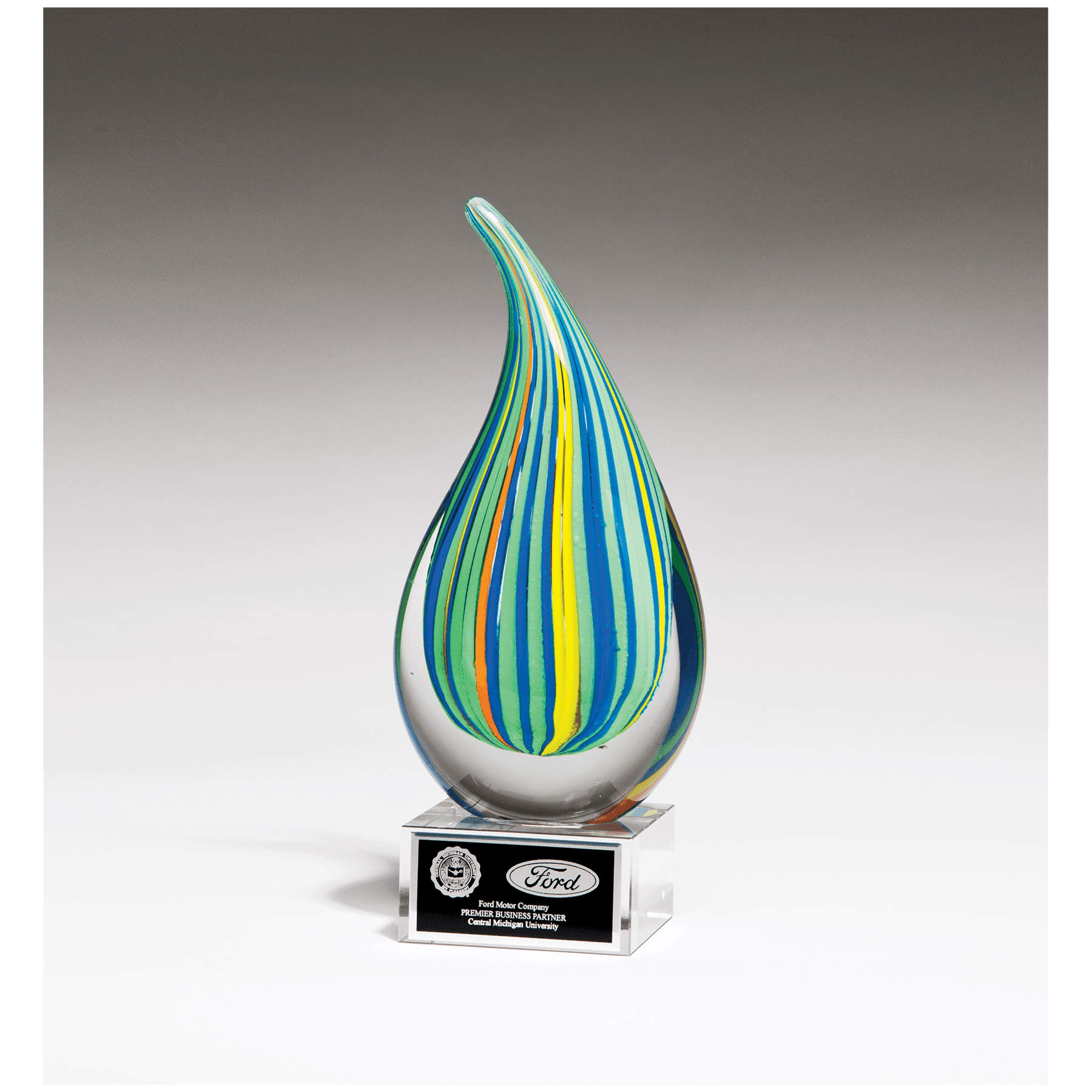 8.25" Multi-Colored Teardrop Art Glass on Clear Glass Base