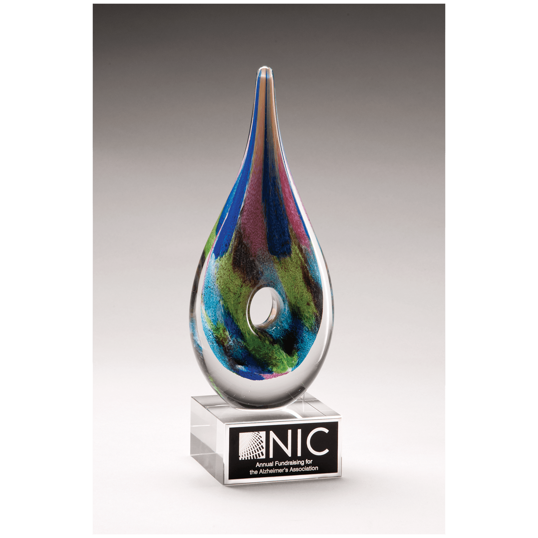 9.9" Multi-Colored Teardrop Art Glass on Clear Glass Base