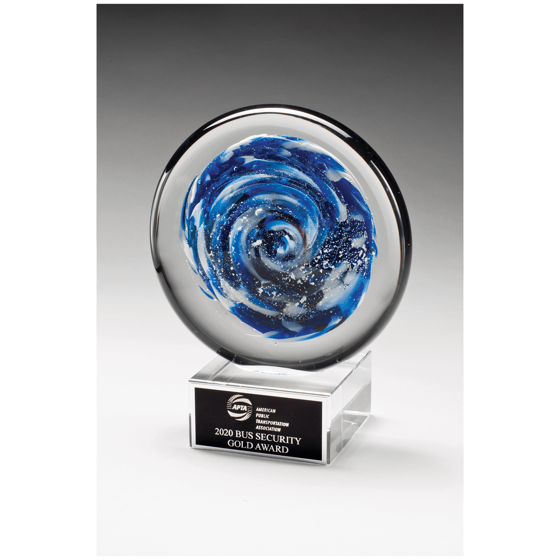 7" Blue and White Disc Art Glass on Clear Glass Base