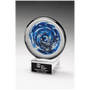7" Blue and White Disc Art Glass on Clear Glass Base