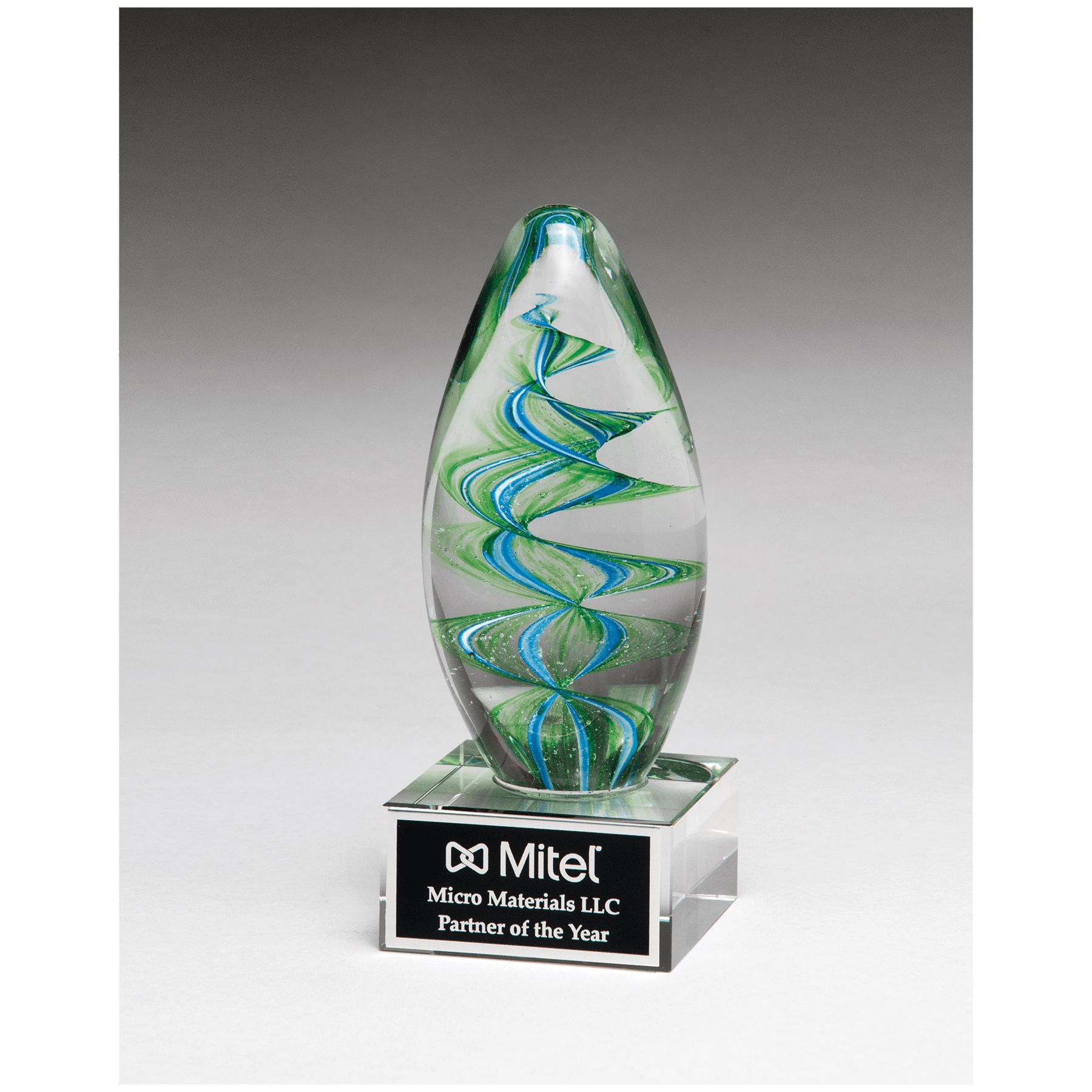 6.5" Blue and Green Helix Egg Shaped Art Glass on Clear Base