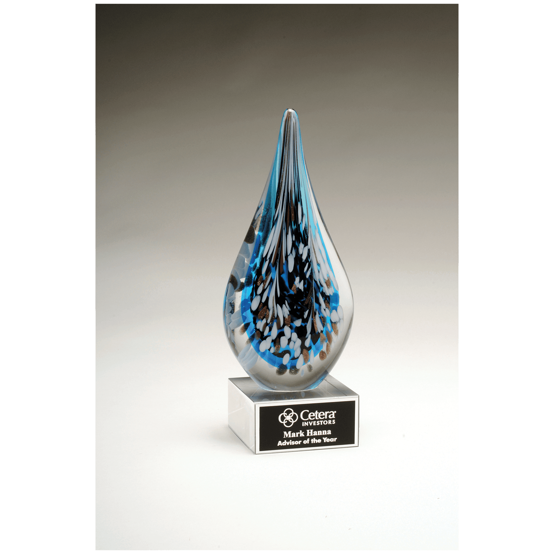10" Multi-Colored Teardrop Art Glass on Clear Glass Base