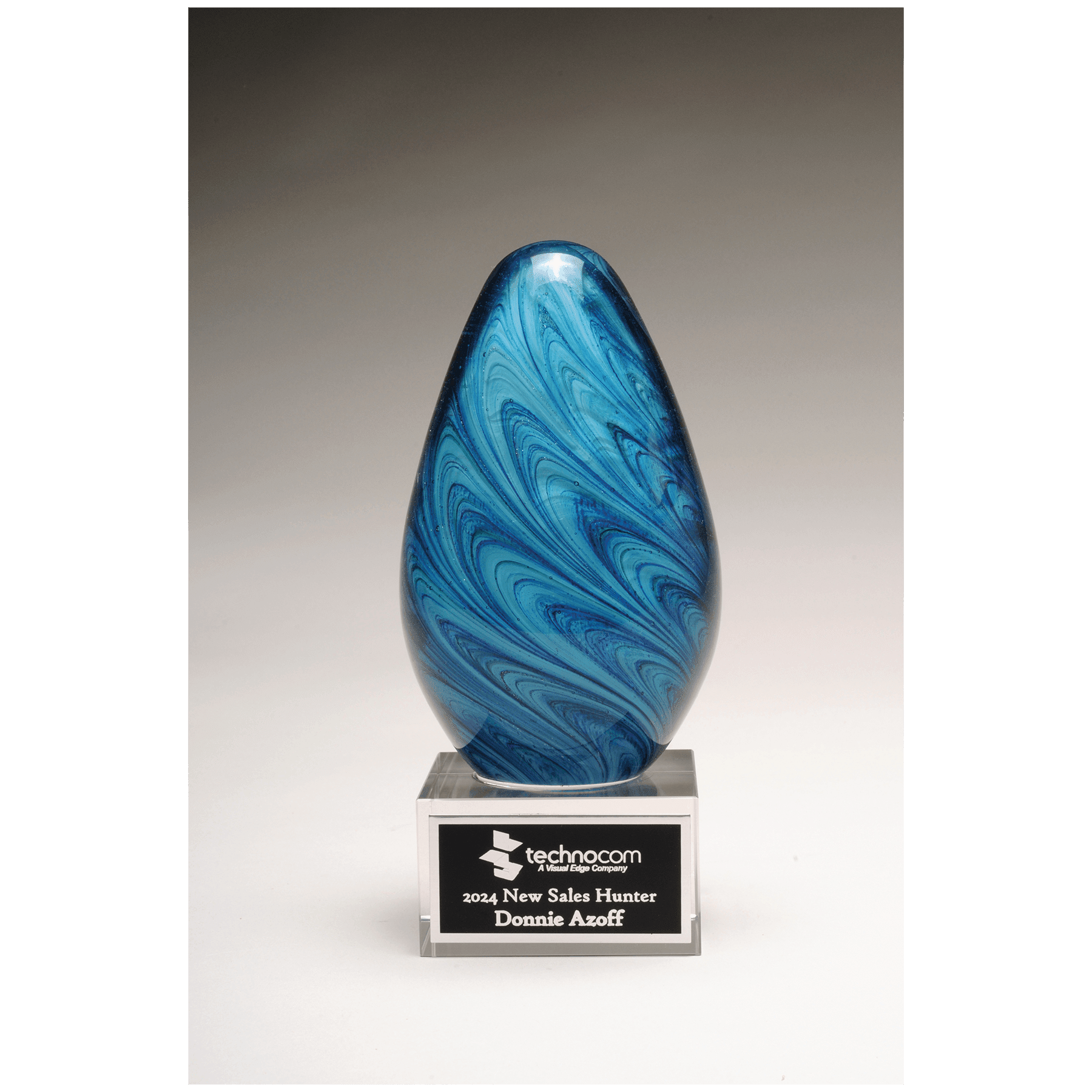 6.25" Blue and Green Egg Shaped Art Glass on Clear Base