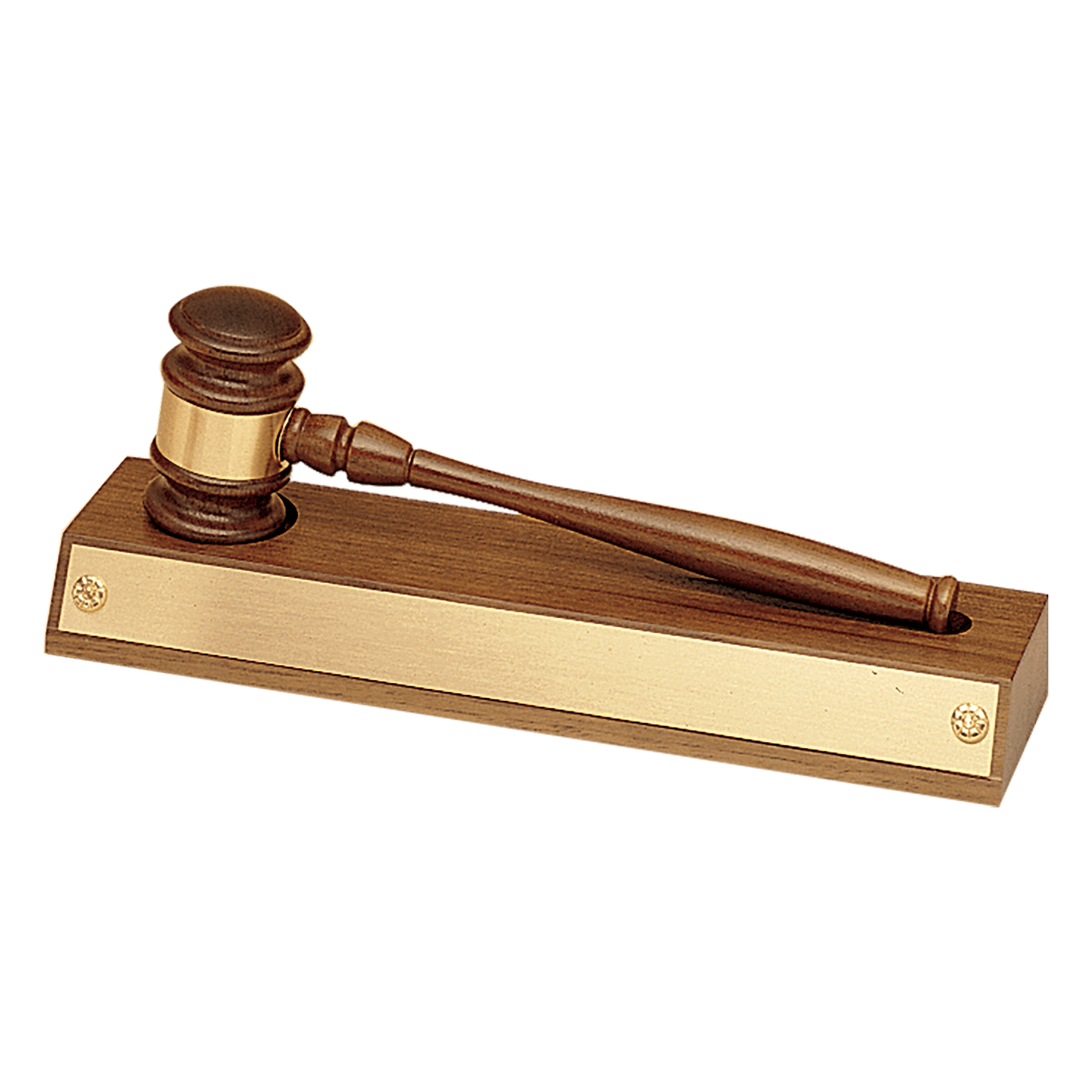 Walnut Gavel Base w/Gavel/Gold Gavel Band and Gold Plate