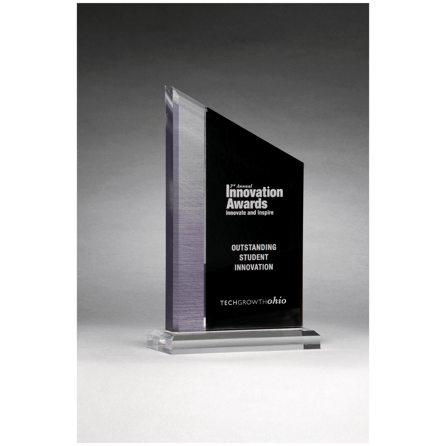 Brushed Silver Accent on Black Upright Acrylic w/Clear Base