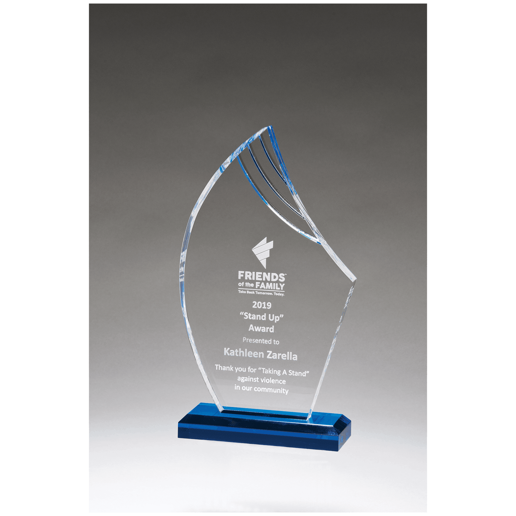 8.75" Clear Acrylic w/Blue Accents and Blue Acrylic Base