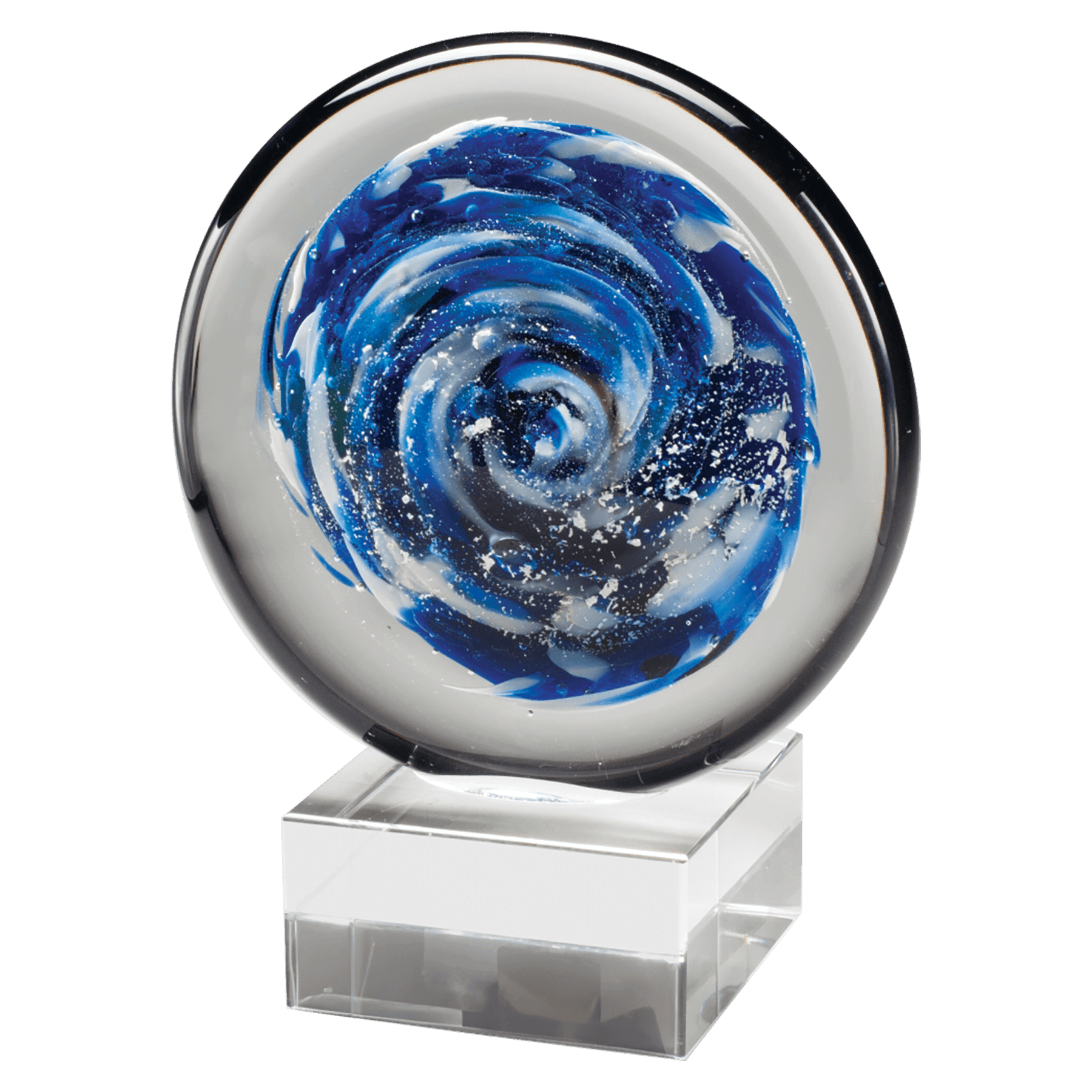 Blue and White Disc Art Glass on Base - AGAR103