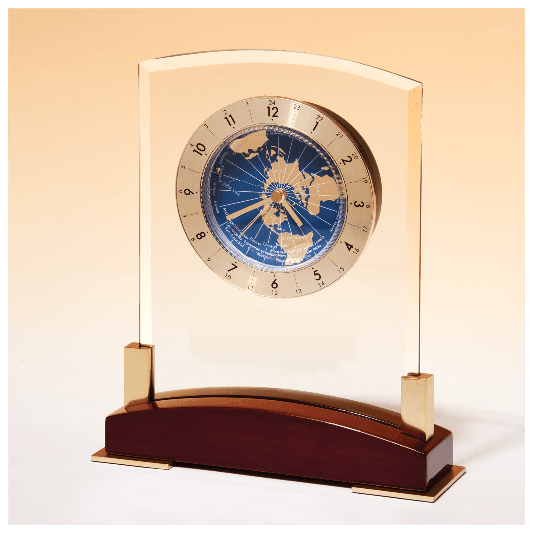 Glass Clock w/World Time Dial on Piano Finish Base - CLK48
