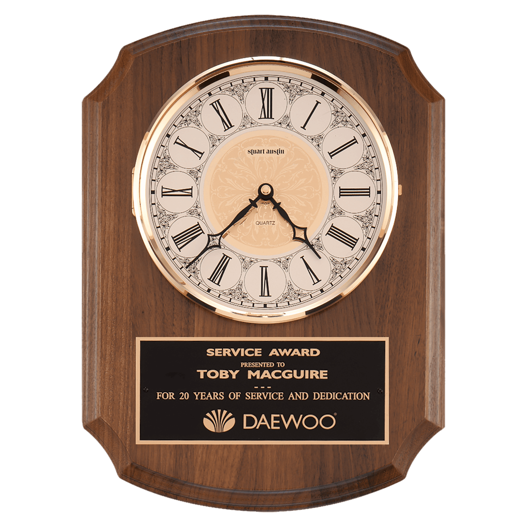 Walnut Quartz Clock, Brass Diamond Spun Bezel & Ivory Dial