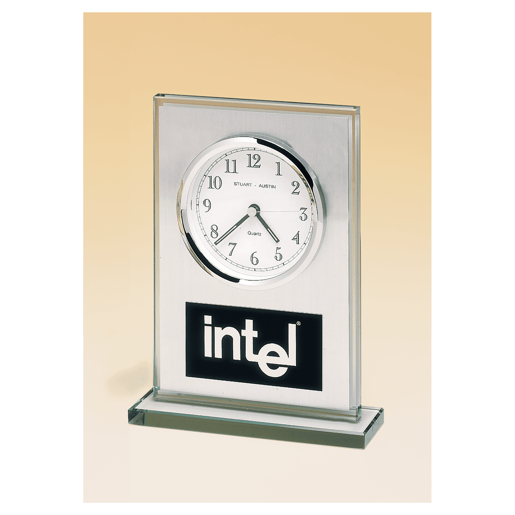 Glass Clock, Brushed Aluminum Panel, White Dial