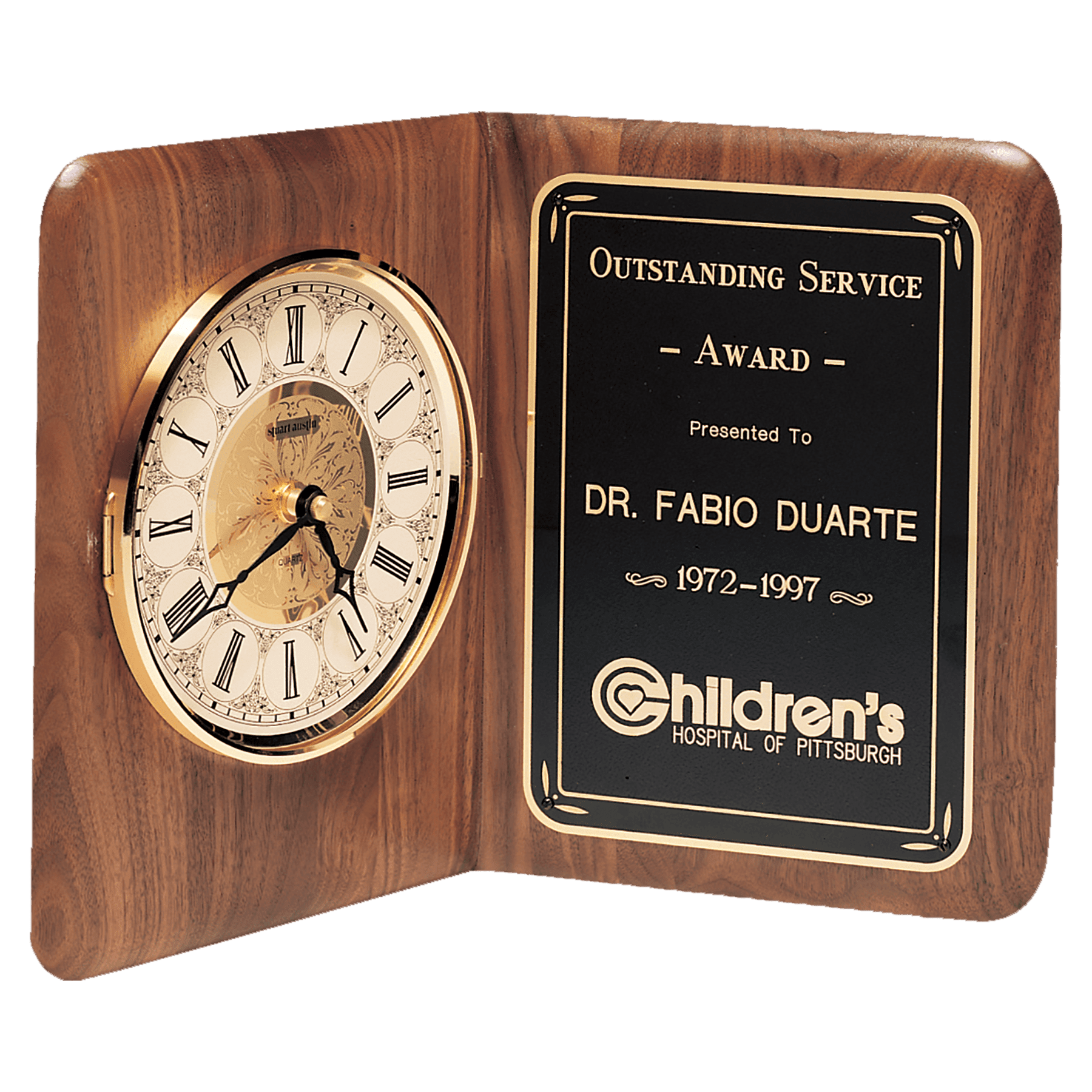 Walnut Quartz Book Clock, Brass Diamond Spun Bezel