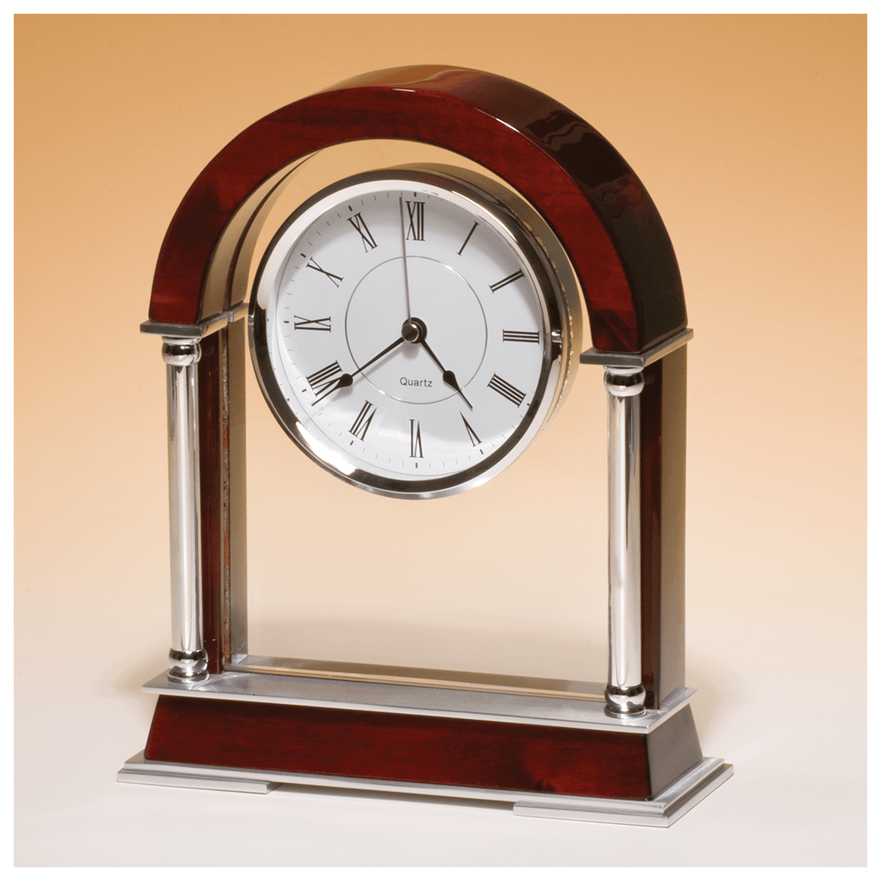 Rosewood Piano Finish Mantle Clock, Chrome Plated Posts - CLK66