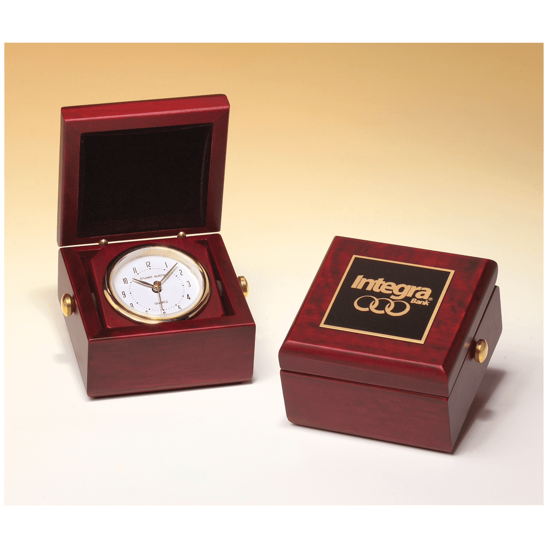 Hand Rubbed Mahogany Finish Box Clock, Metal Goldtone Knobs