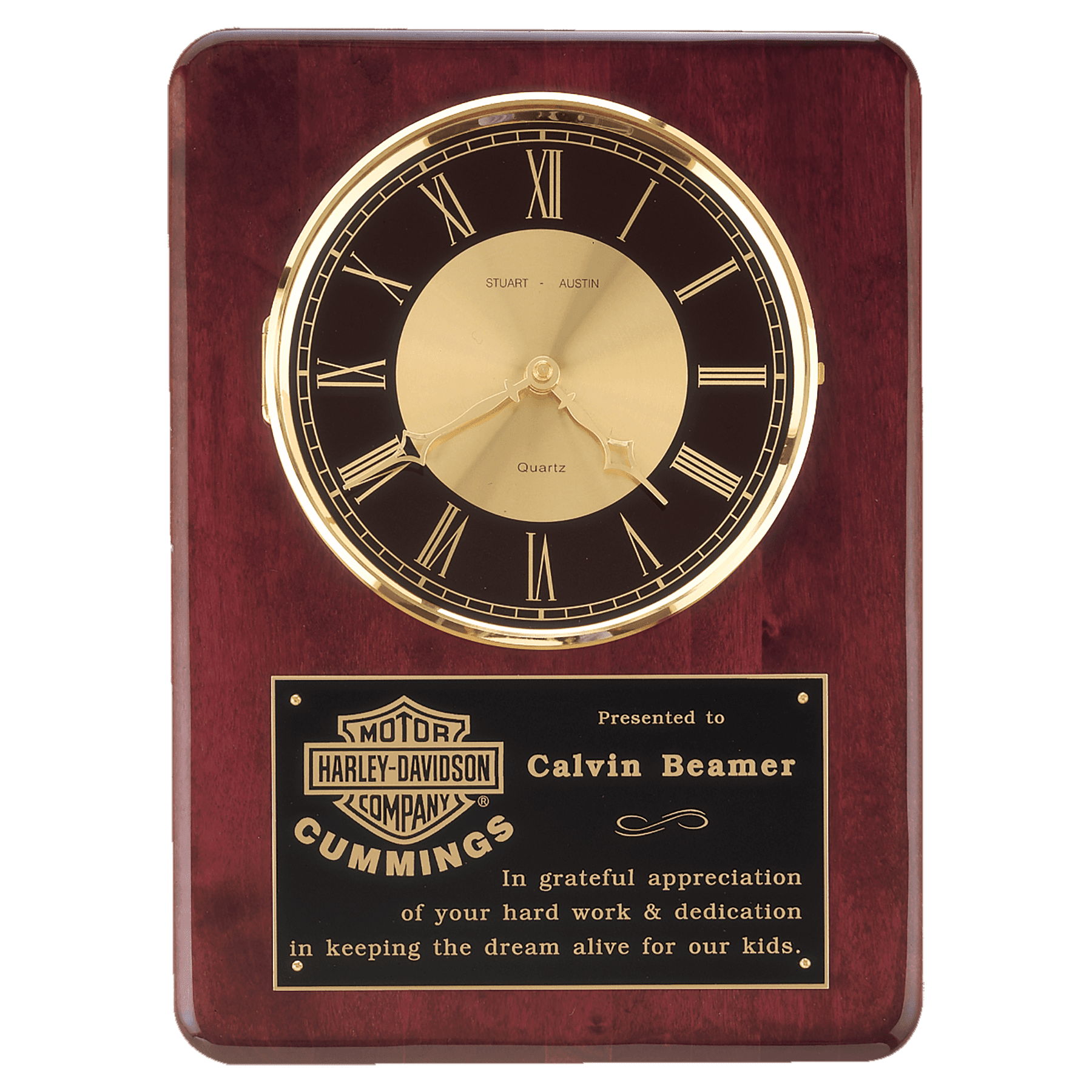 Rosewood Piano Finish Clock, Brass Bezel & Black/Gold Dial