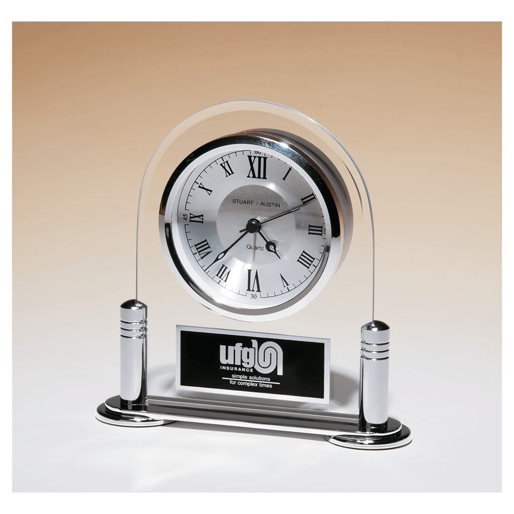 Desk Clock w/Beveled Glass Upright, Metal Base - CLK79