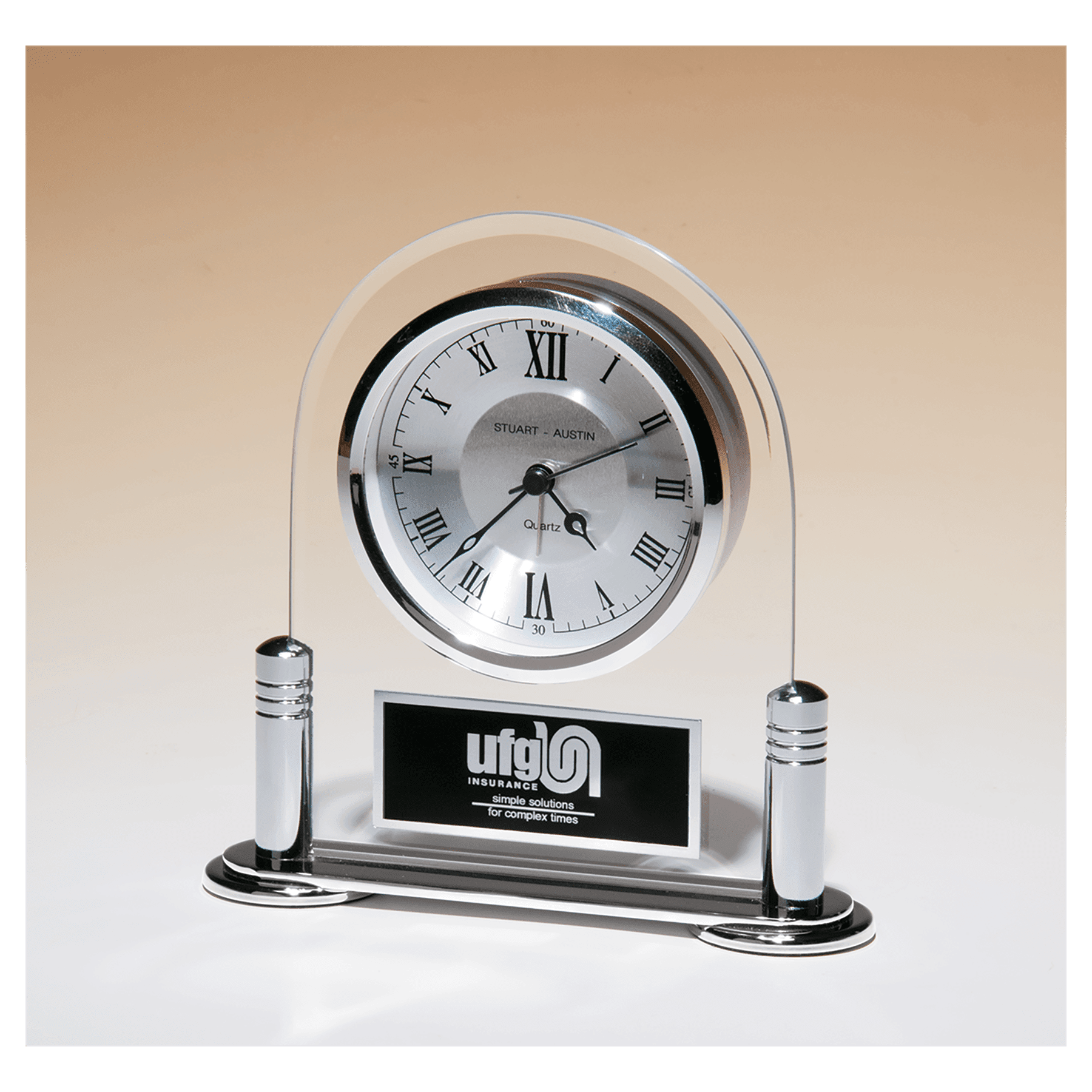 Desk Clock w/Beveled Glass Upright, Silver Metal Base
