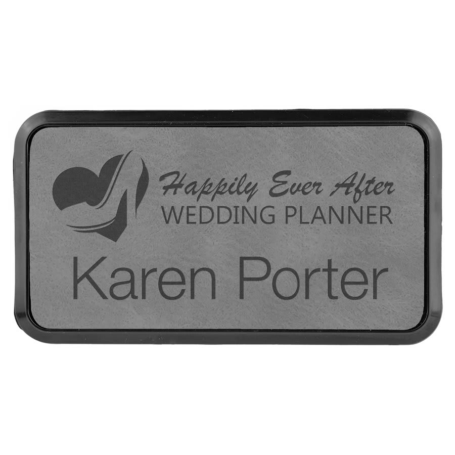3" x 1.5" Gray Leatherette Round Corner Badge & Frame