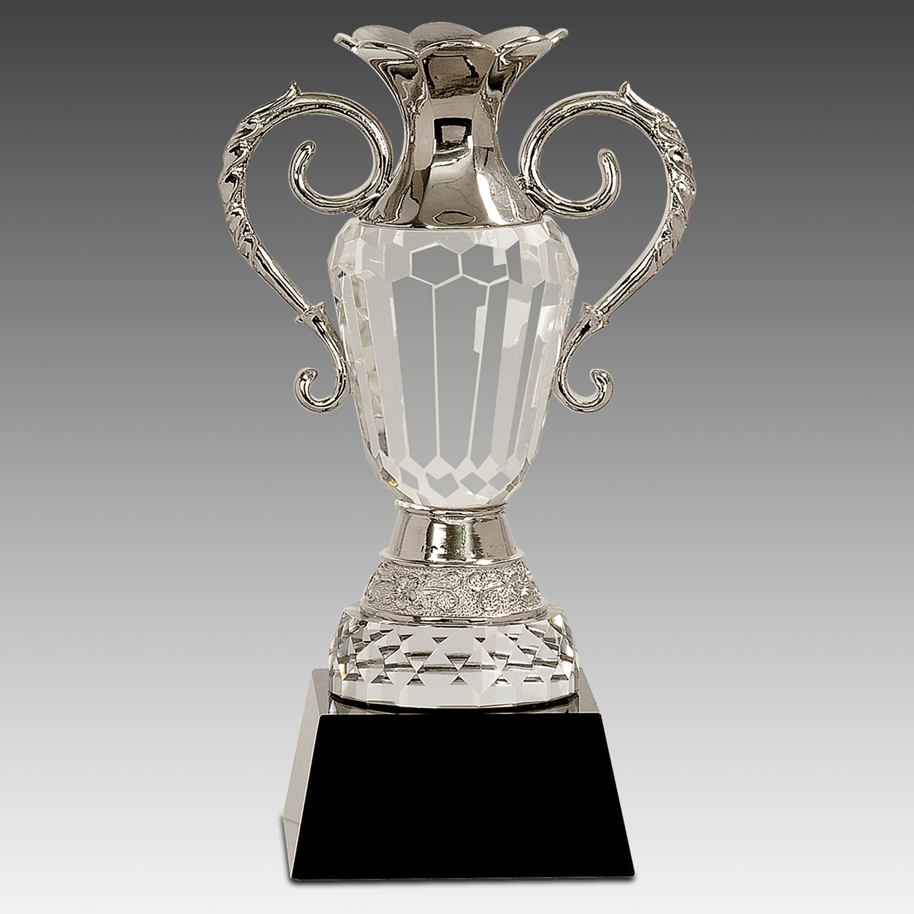 10" Crystal Cup w/Silver Metal Handles on Black Base