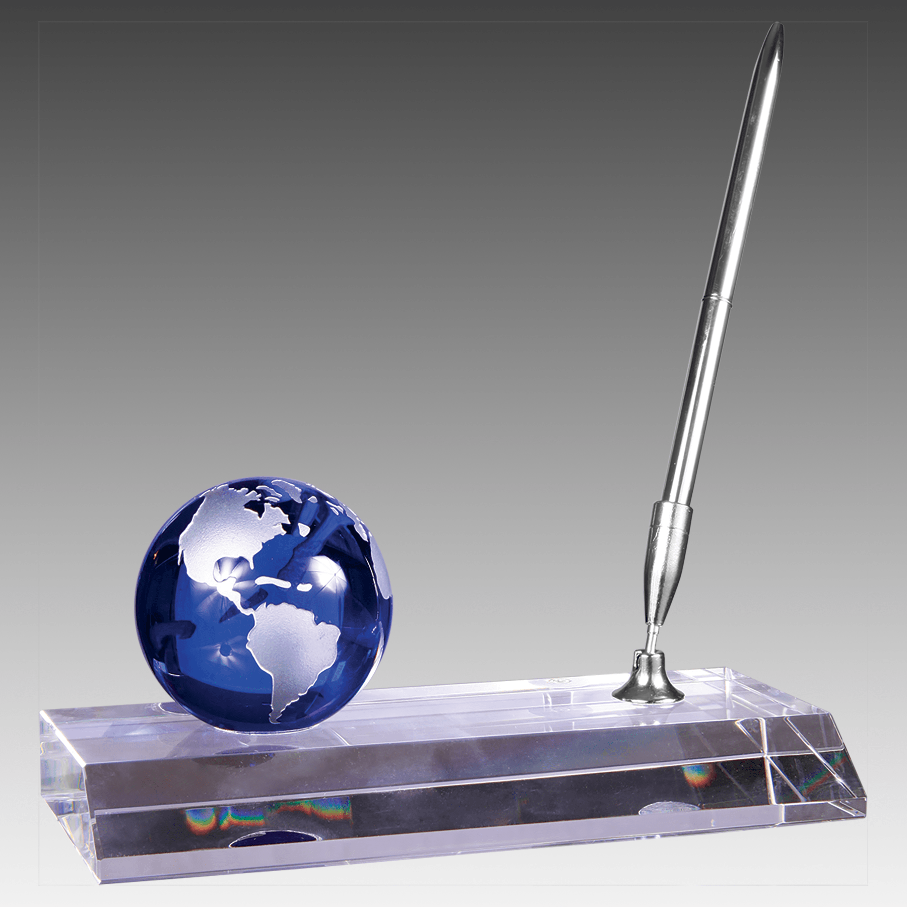 7" x 3" Blue Crystal Globe with Base and Pen