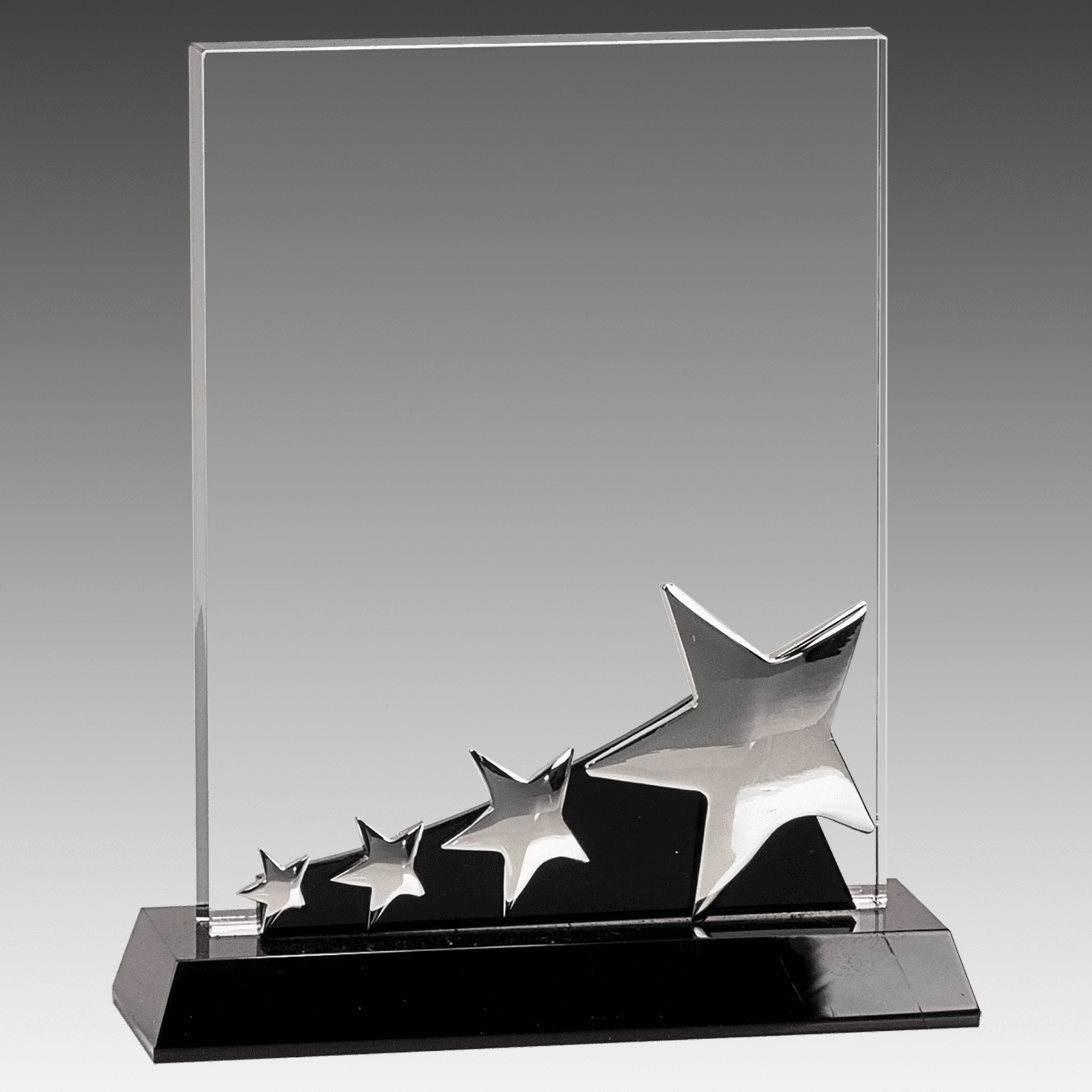 7" Rectangle Crystal w/Silver Stars on Black Pedestal Base