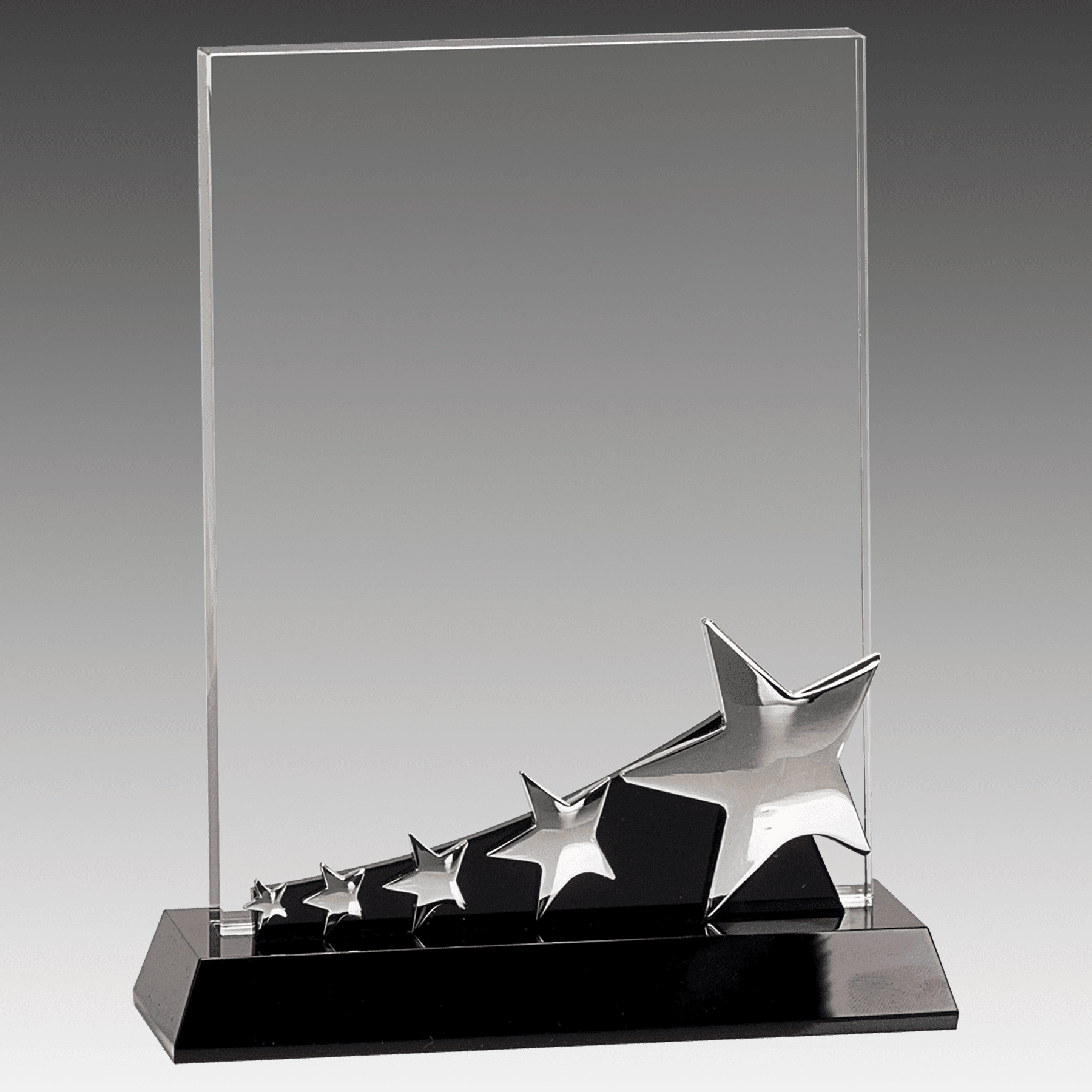 8" Rectangle Crystal w/Silver Stars on Black Pedestal Base