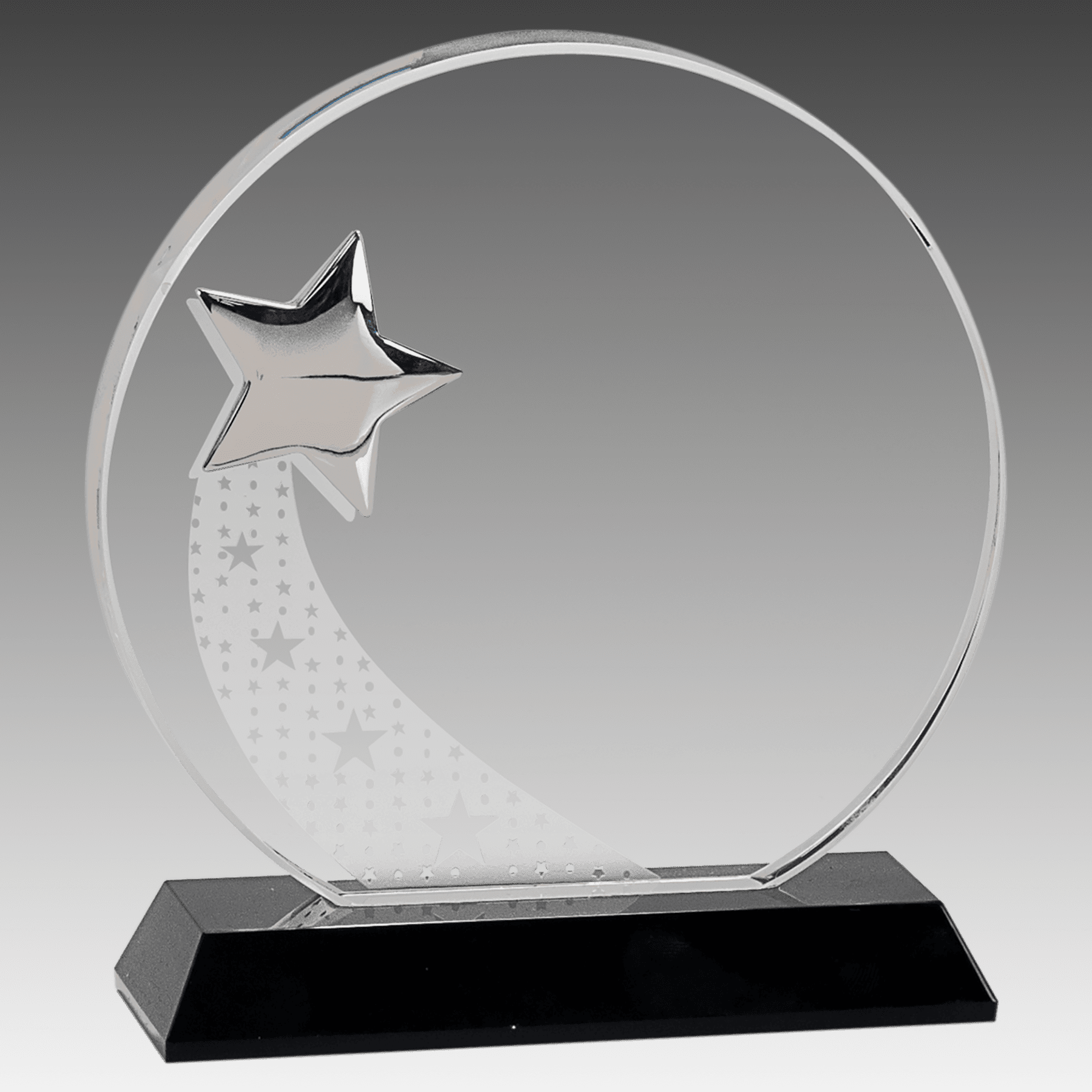 6.25" Round Crystal with Silver Star on Black Pedestal Base